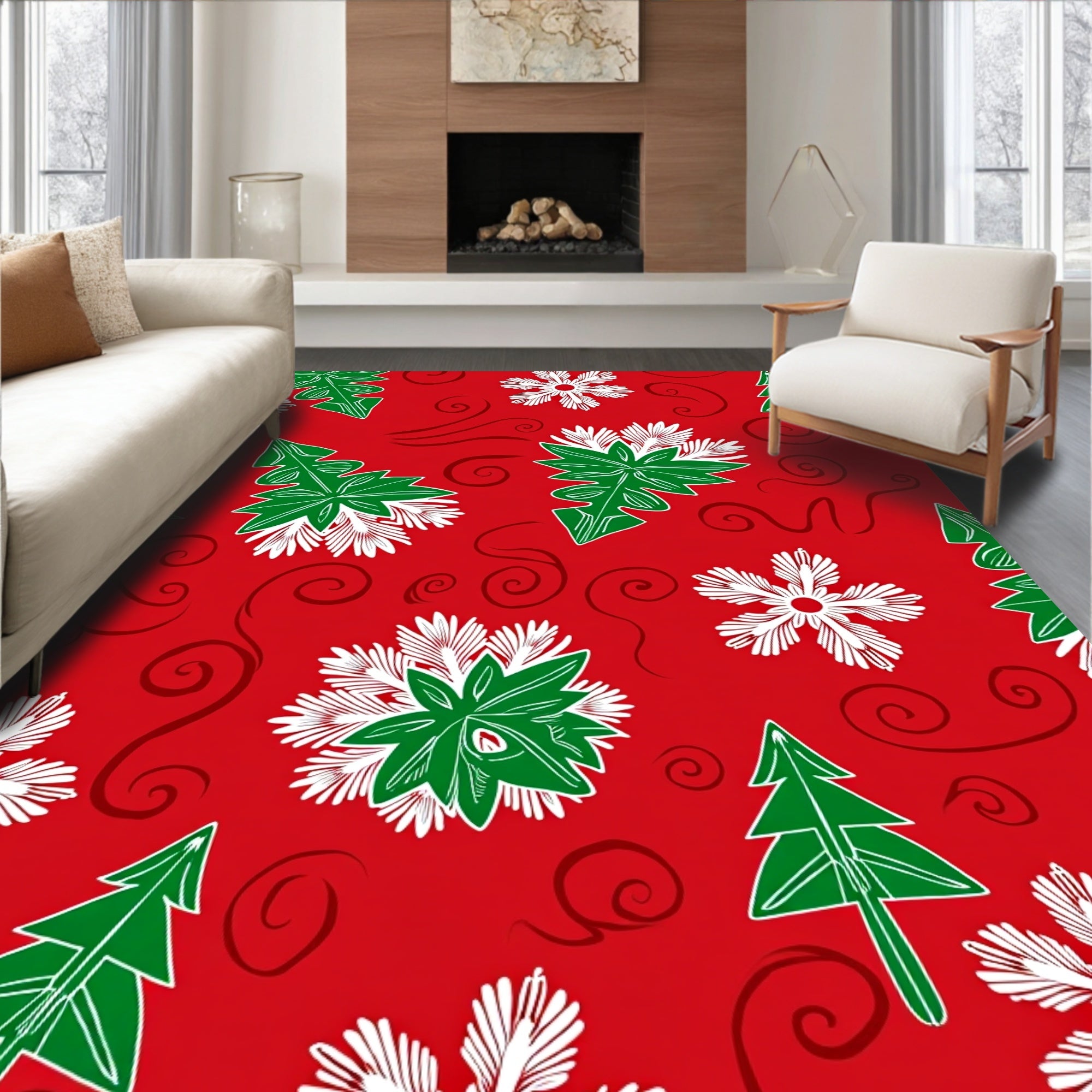 Red Green White Festive Christmas Trees Rug