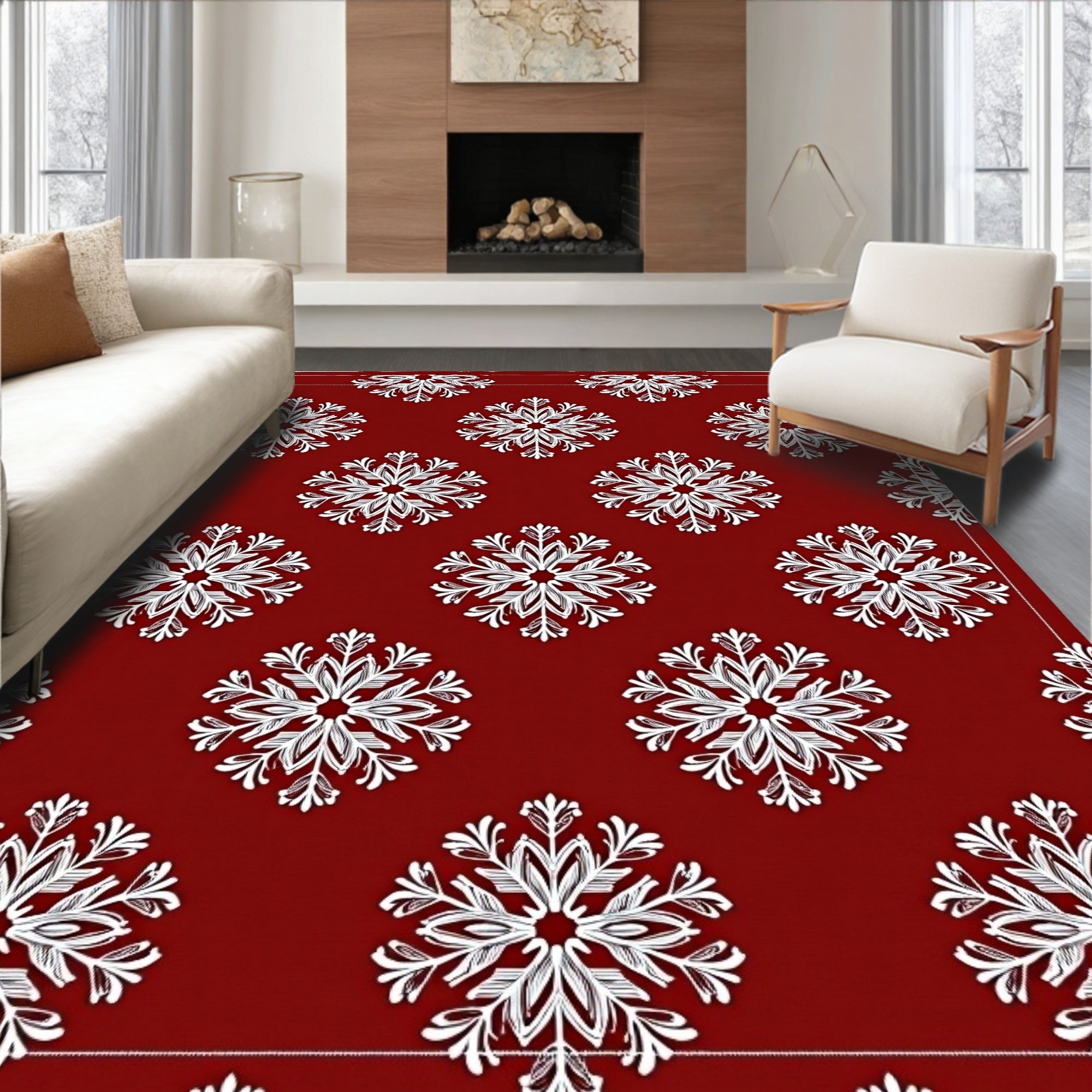 Crimson White Snowflake Repeating Pattern Rug