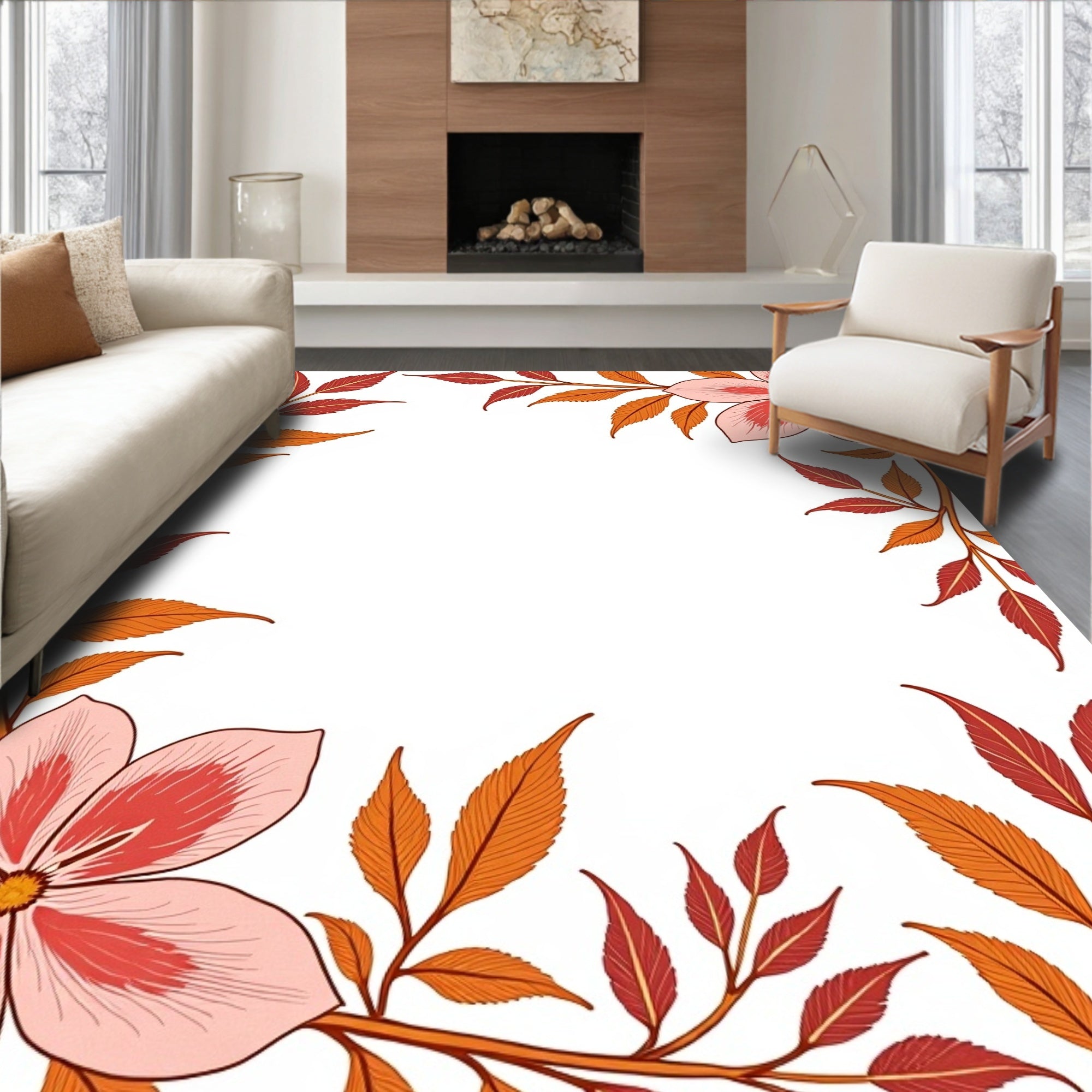 Coral Pink Floral Autumn Leaf Vine Rug