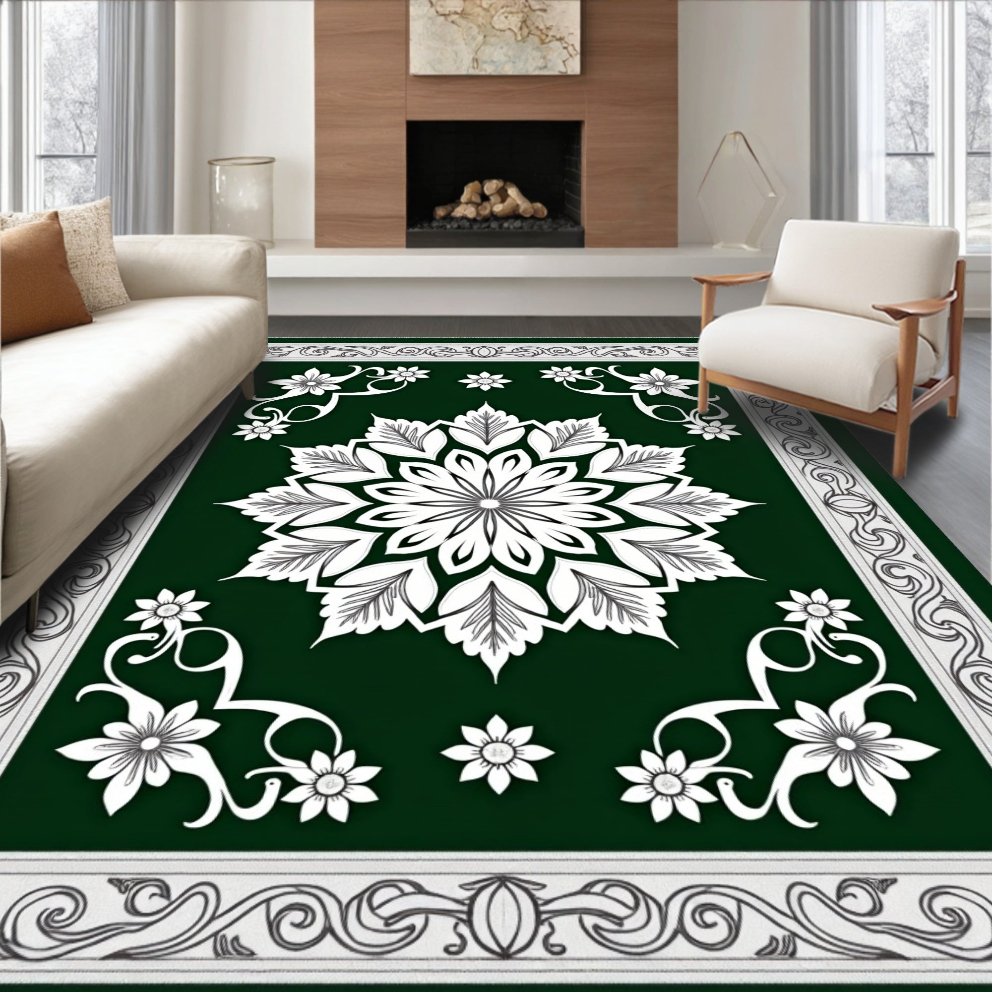Deep Green Floral Symmetry Central Rug