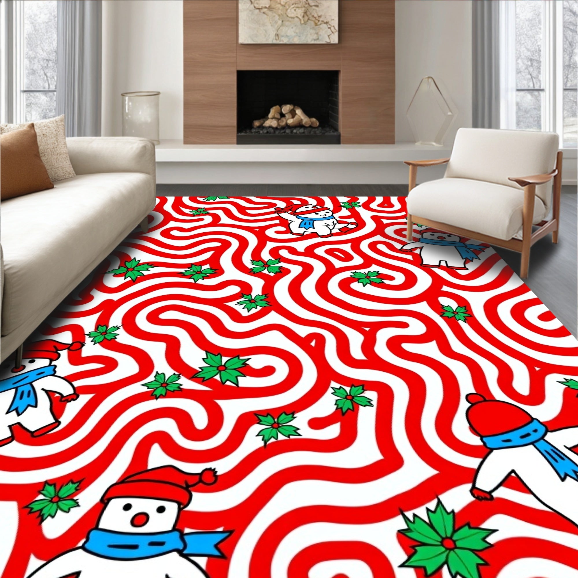Jolly Snowmen Red Swirl Holiday Rug