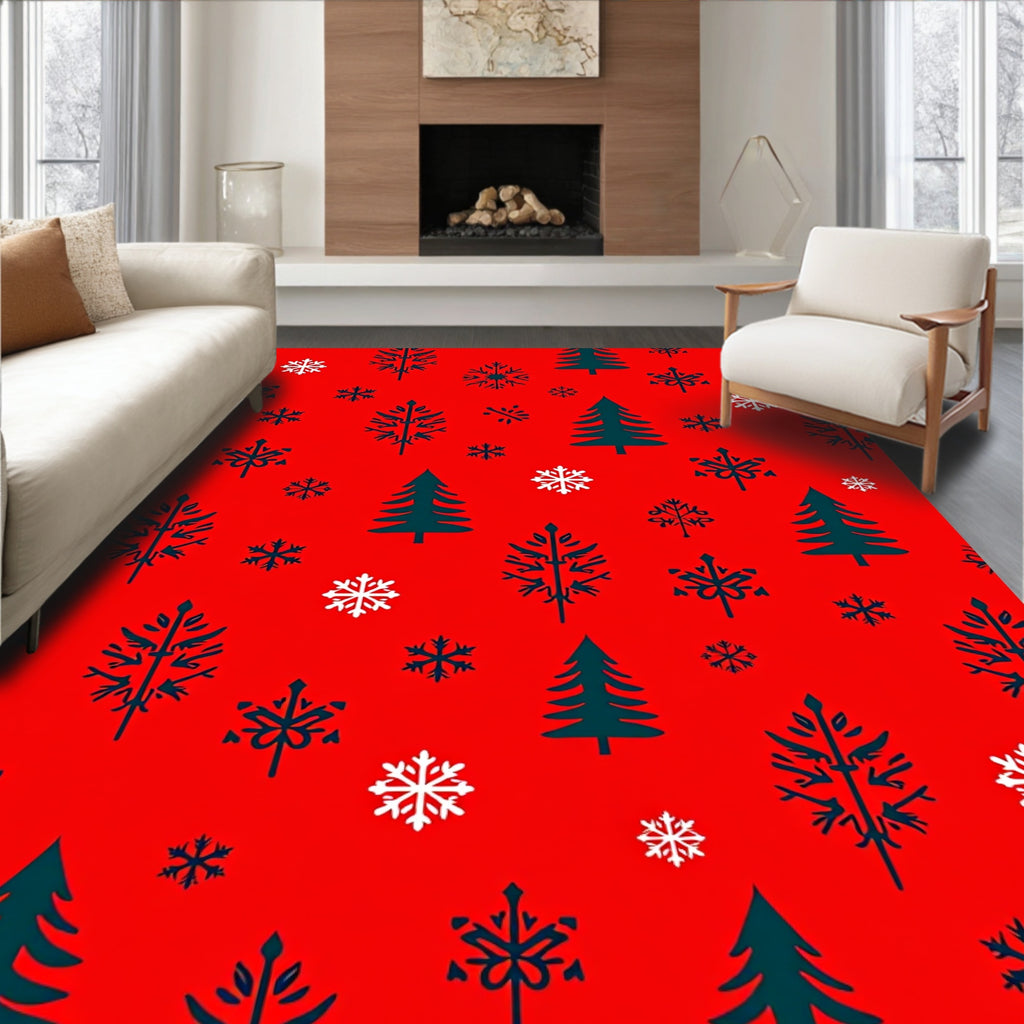 Red Snowflakes and Trees Repeat Rug