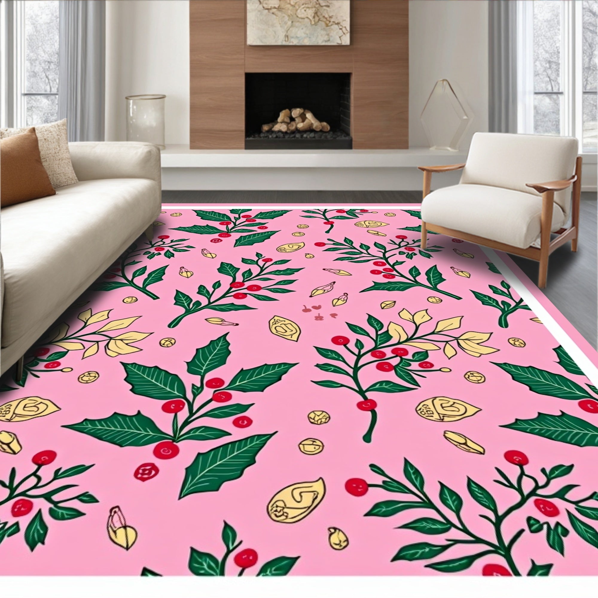 Pink Whimsical Holly Berry Foliage Rug