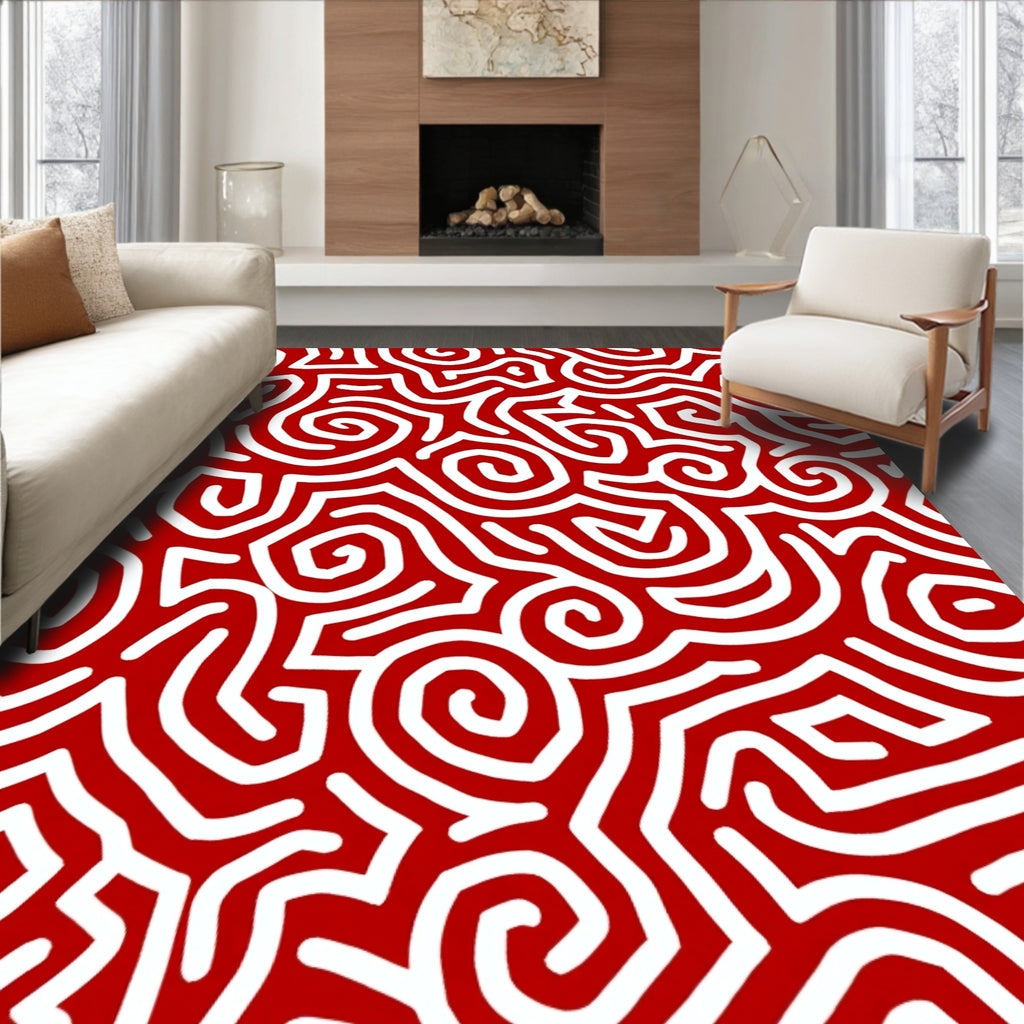 Bold Red Swirled Maze Rug