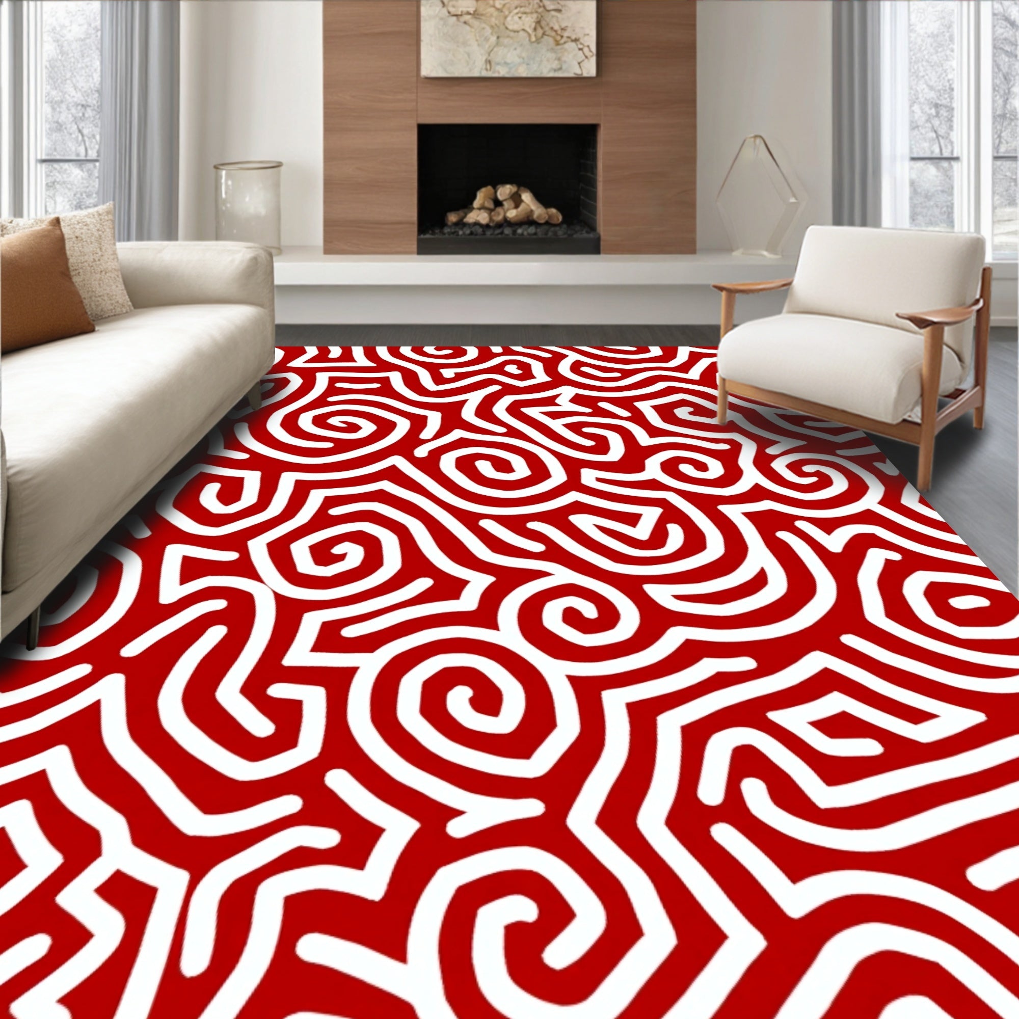 Bold Red Swirled Maze Rug