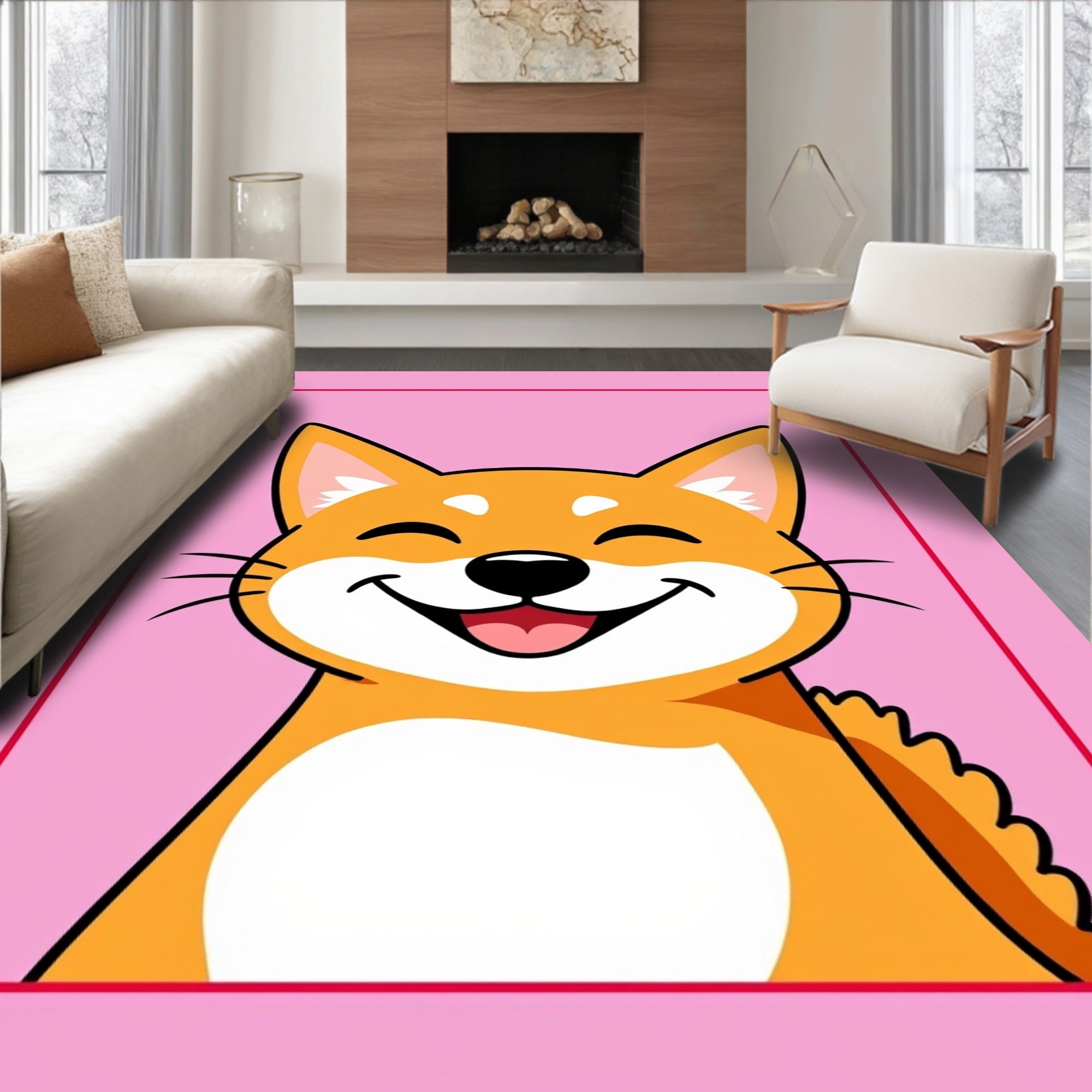 Cute Shiba Inu Pink Cartoon Portrait Rug
