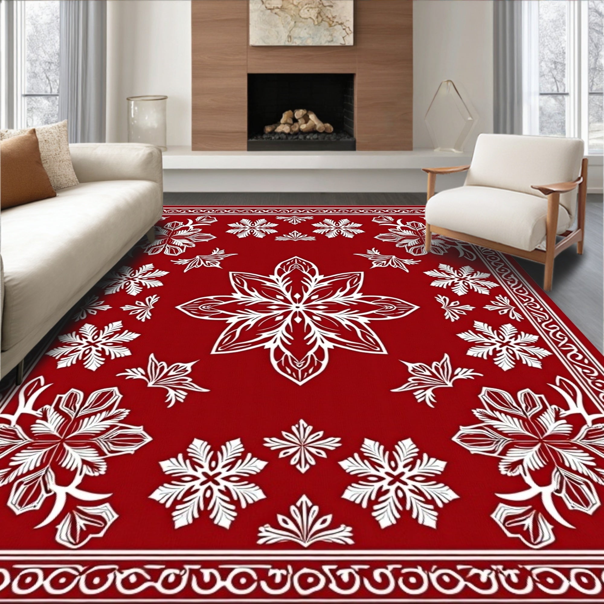 Crimson White Floral Medallion Relief Rug