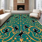 Teal and Gold Whimsical Bunny Scroll Rug