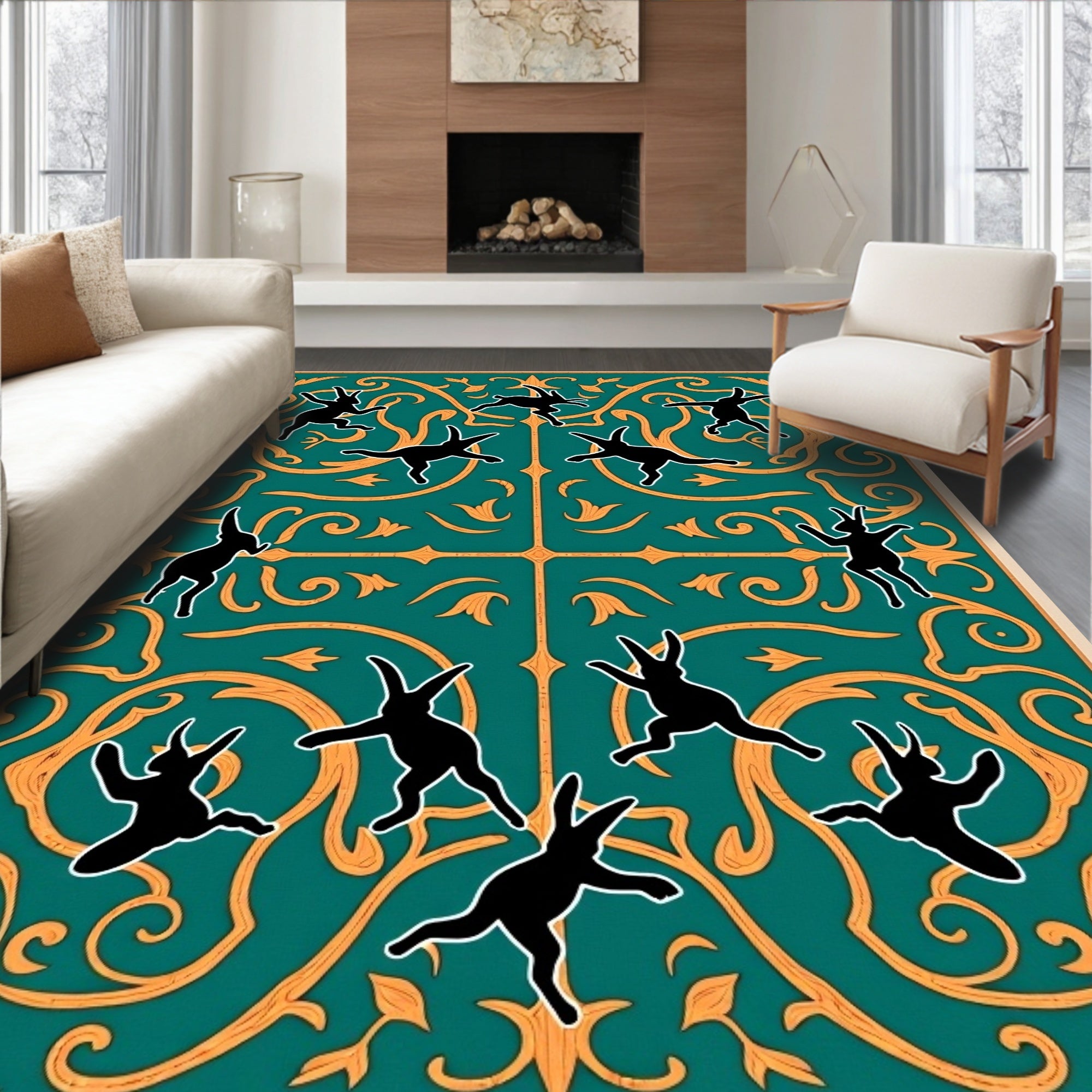 Teal and Gold Whimsical Bunny Scroll Rug
