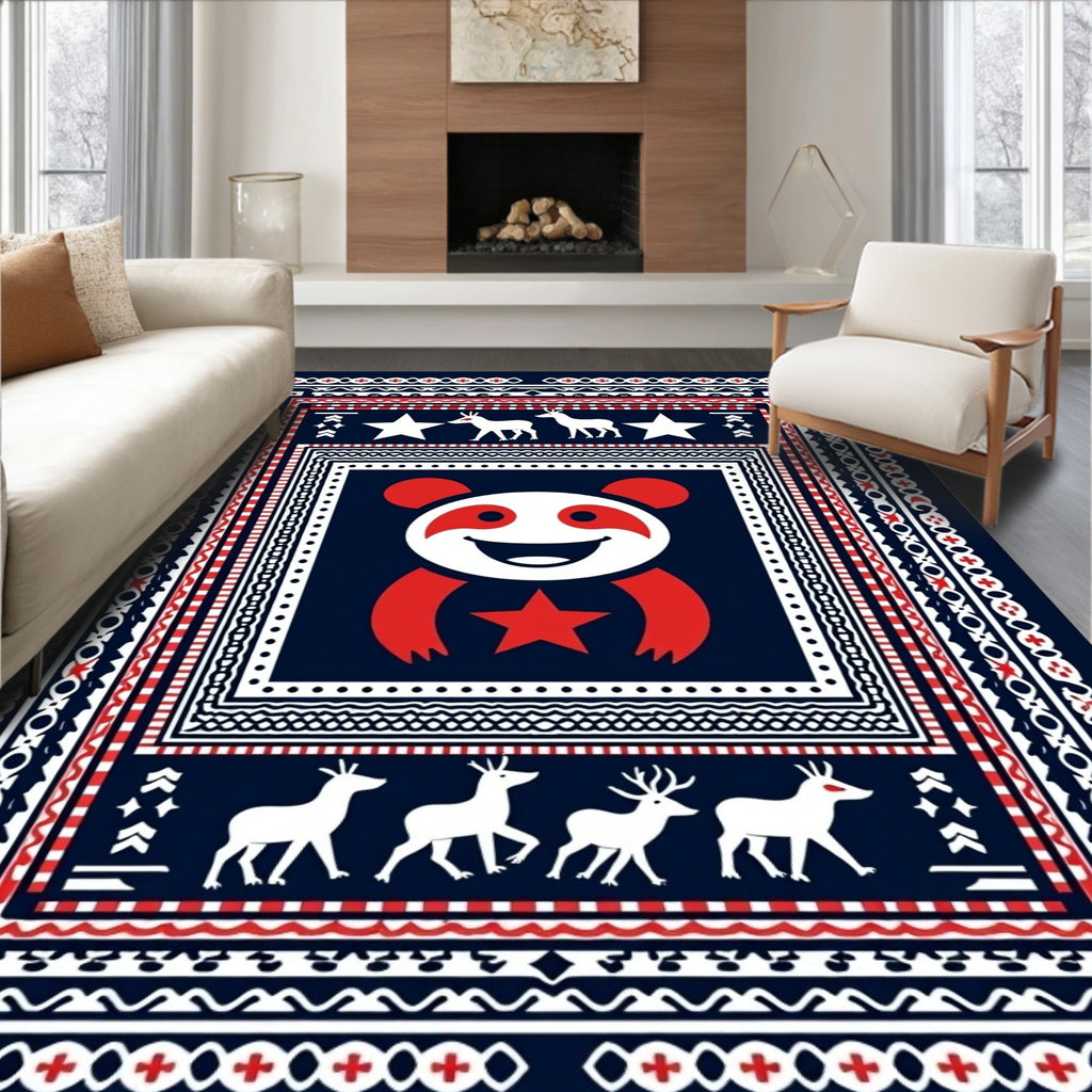Navy Red White Whimsical Panda Deer Star Rug