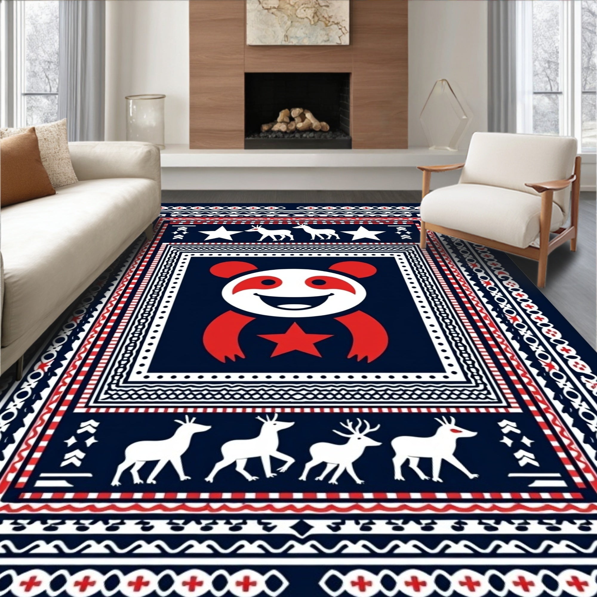 Navy Red White Whimsical Panda Deer Star Rug