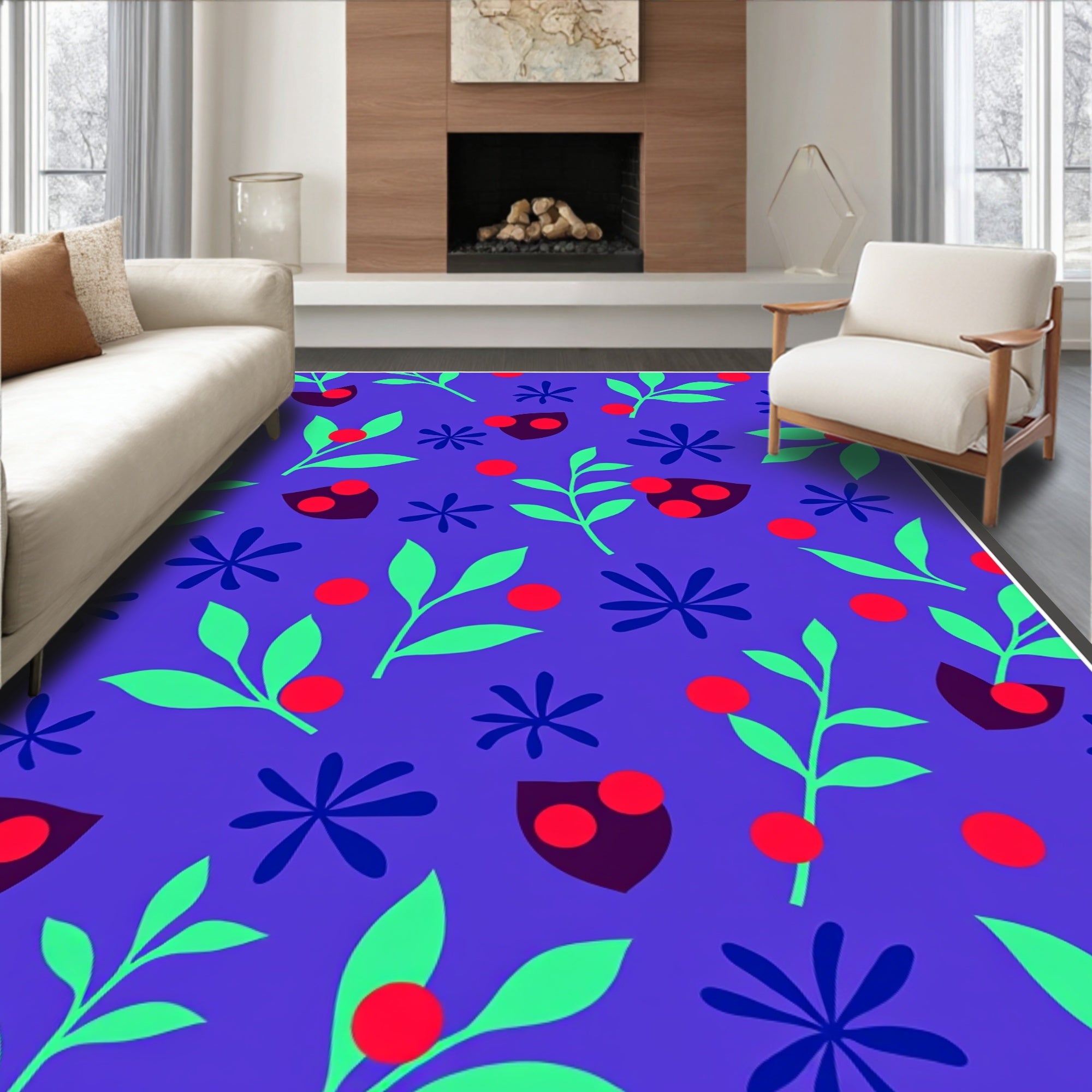 Modern Blue Green Red Floral Sprinkle Rug