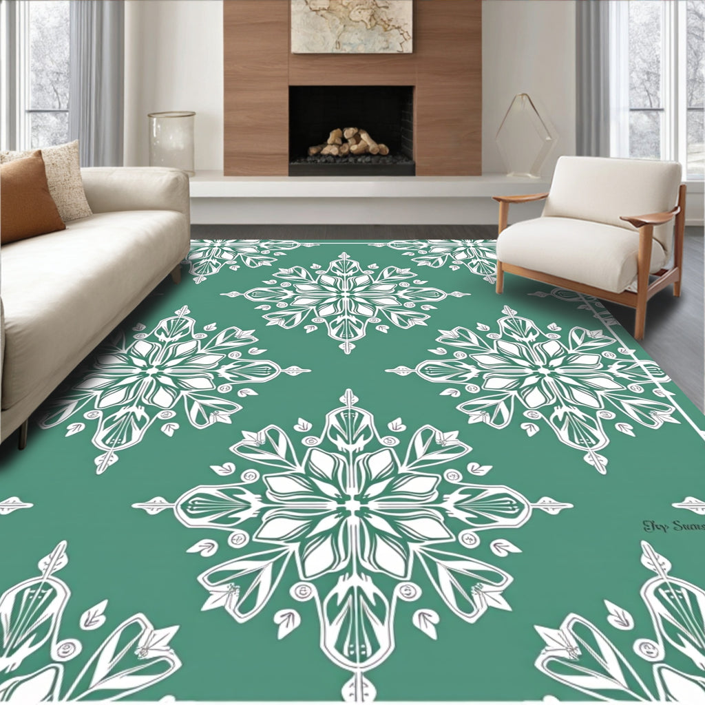 Teal White Floral Medallion Art Nouveau Rug
