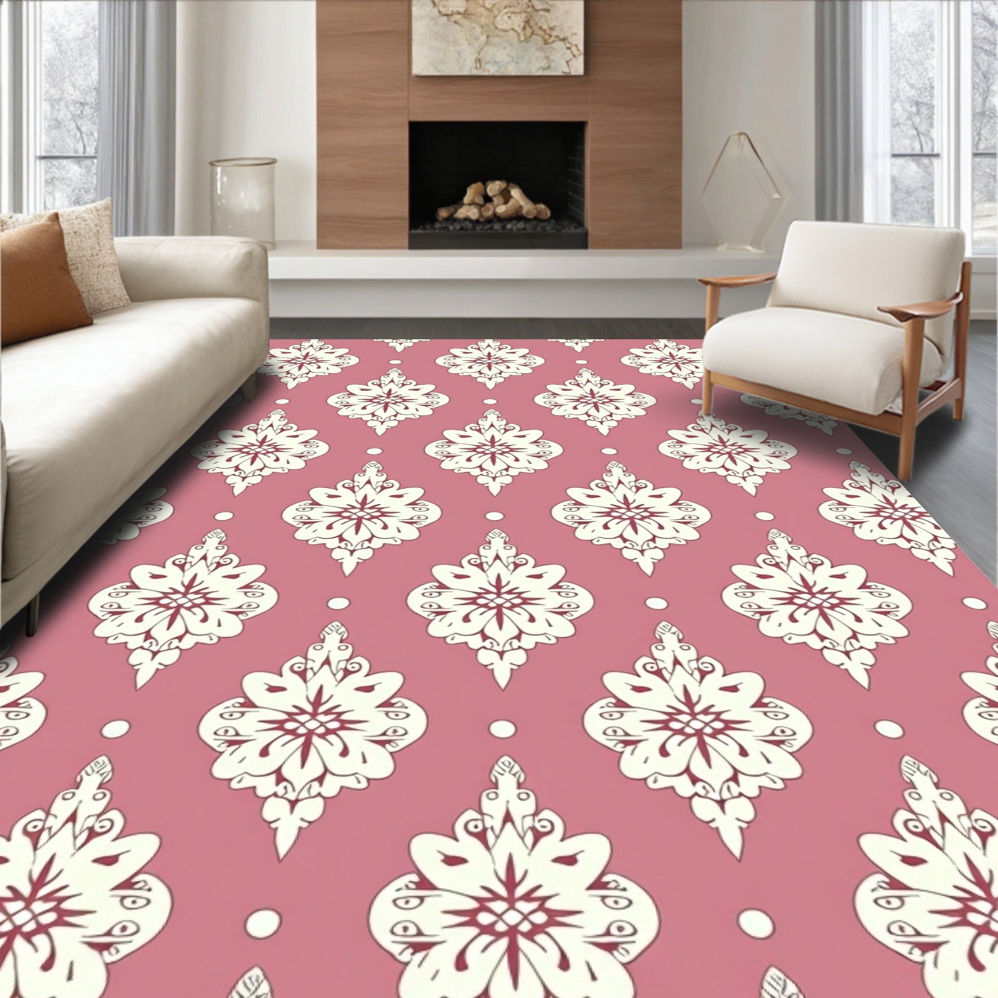 Mauve White Floral Damask Repetition Rug
