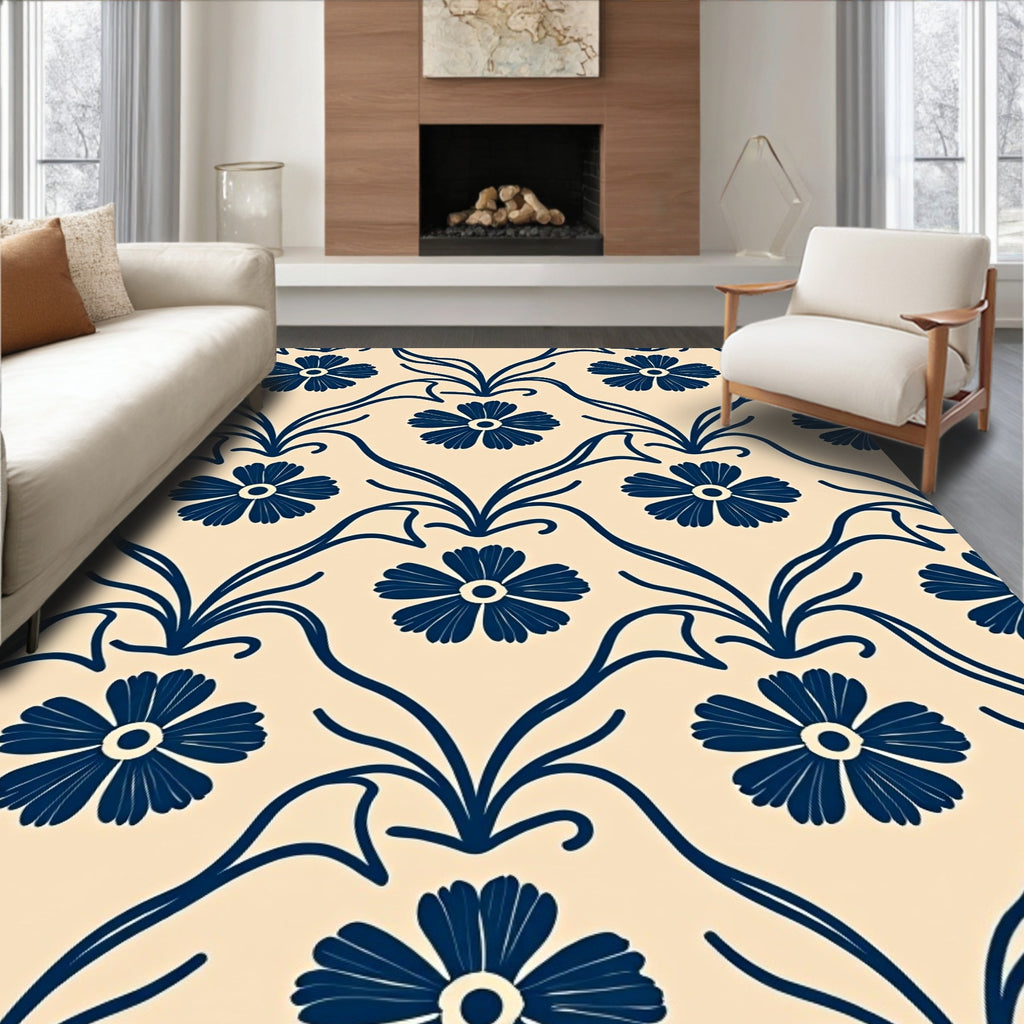 Navy Blue Floral Vine Damask Rug