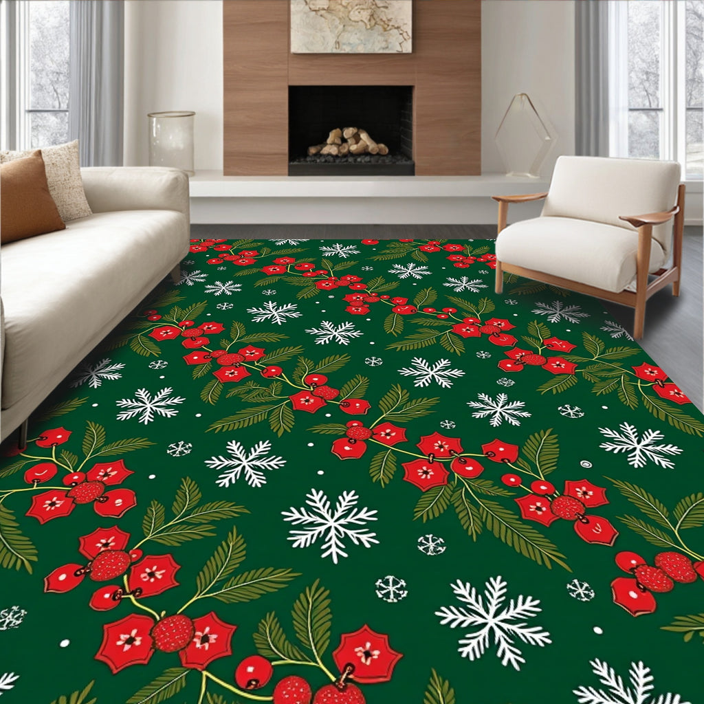 Forest Green Holly Berry Snowflakes Rug
