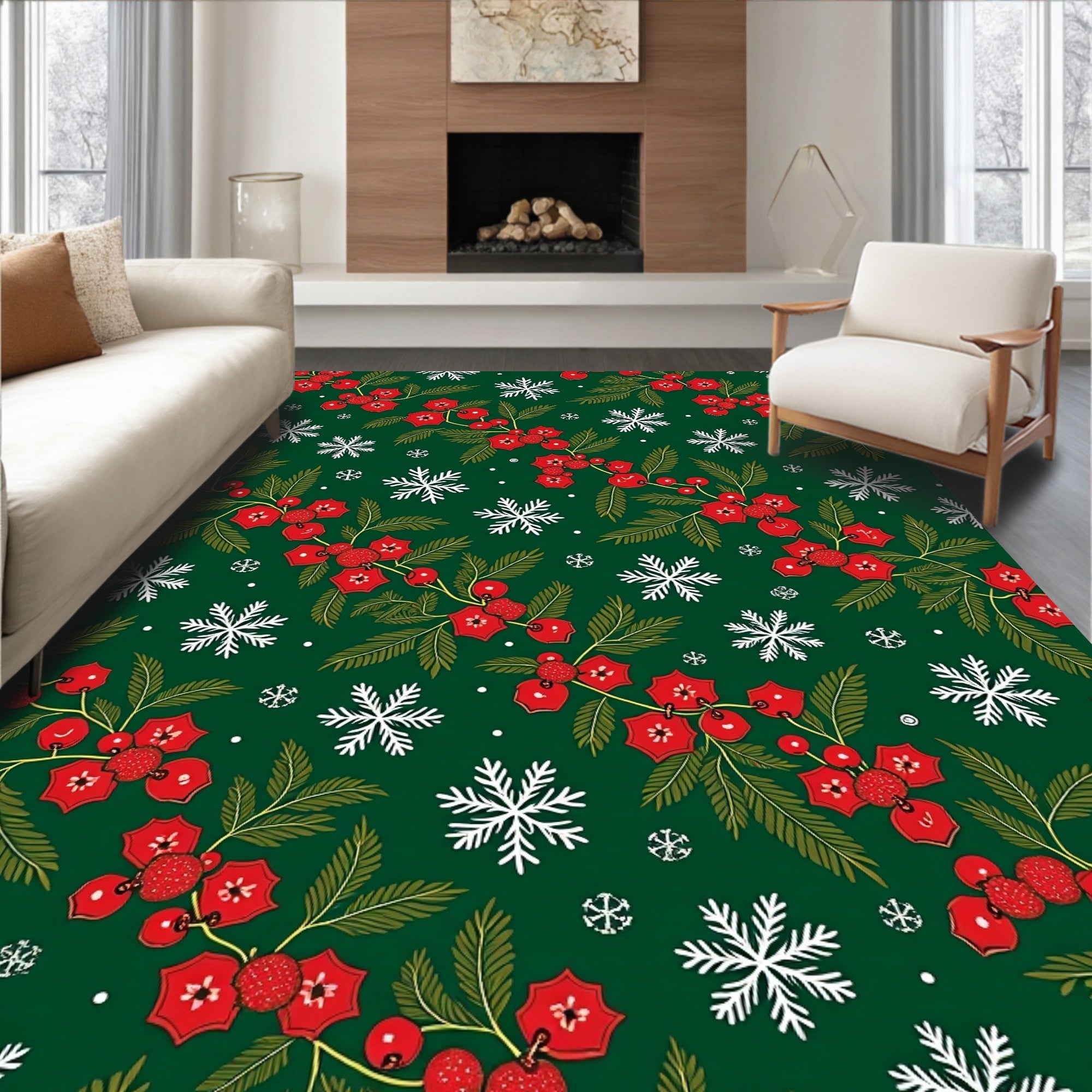 Forest Green Holly Berry Snowflakes Rug