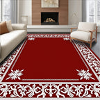 Rich Red White Floral Border Rug