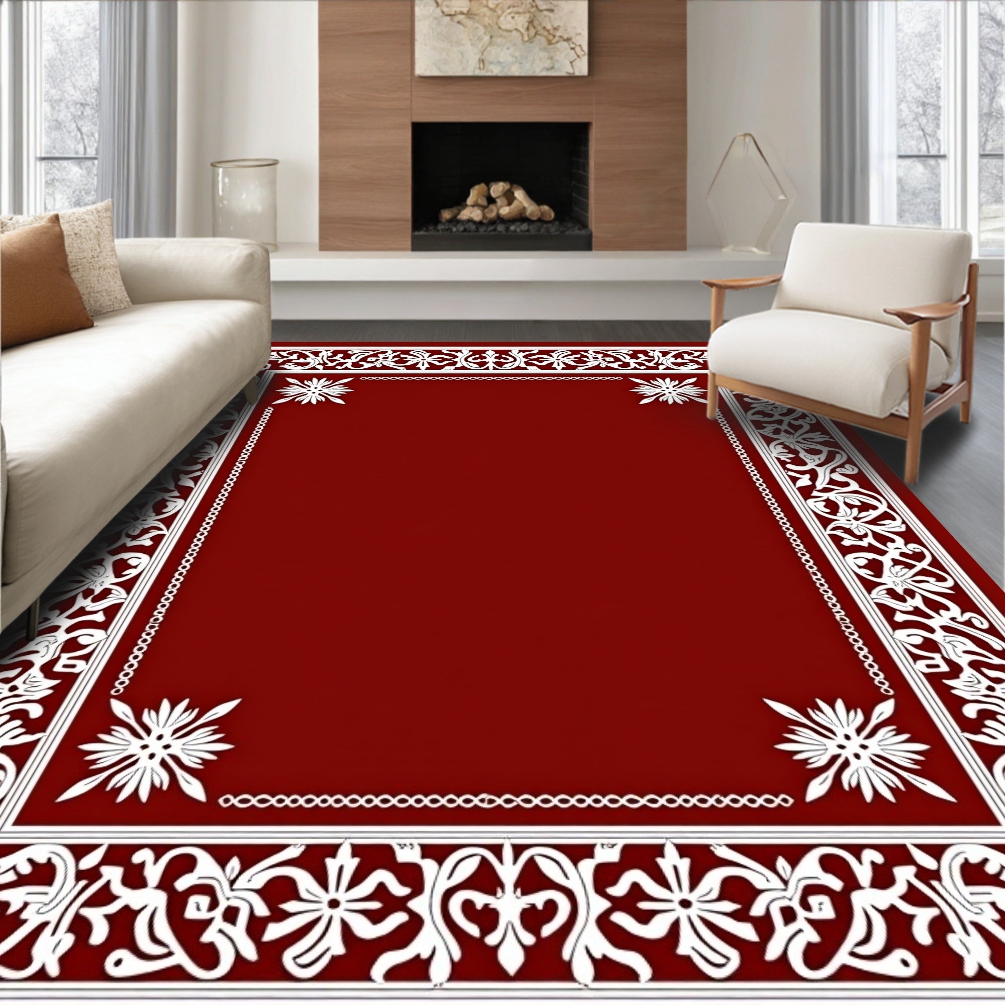 Rich Red White Floral Border Rug