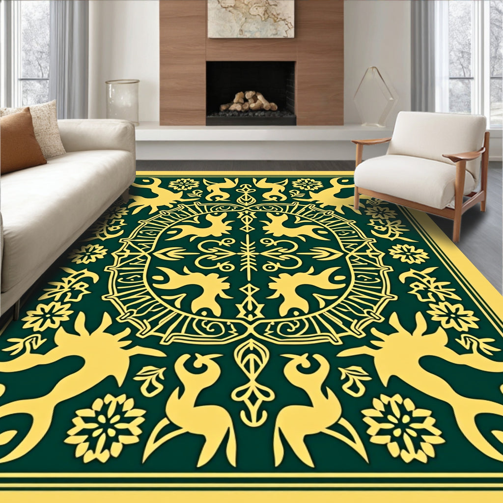 Emerald Yellow Folk Art Medallion Rug