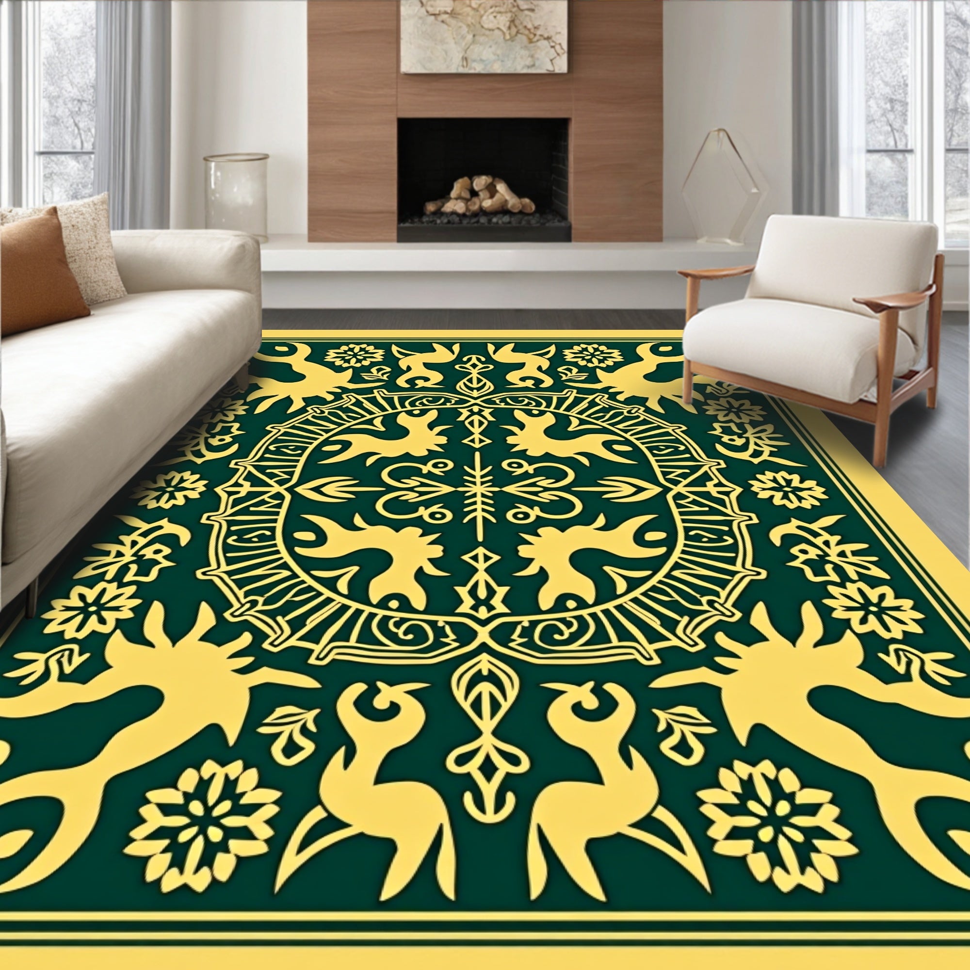 Emerald Yellow Folk Art Medallion Rug