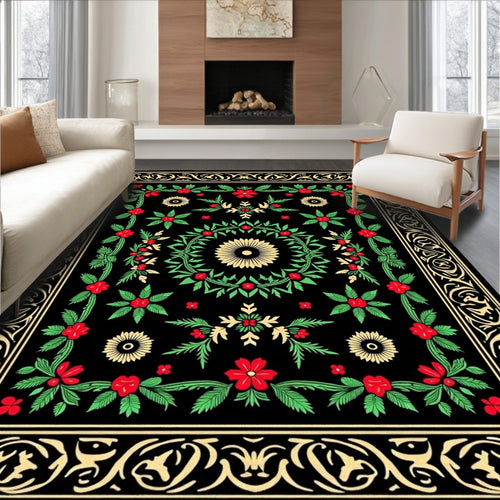 Black Floral Vines Medallion Rug