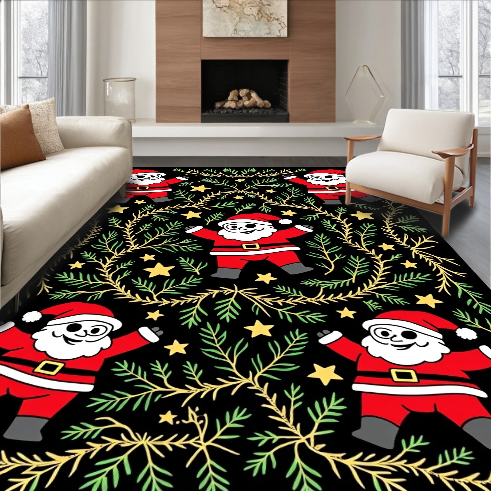 Festive Santa Claus Evergreen Star Meadow Rug
