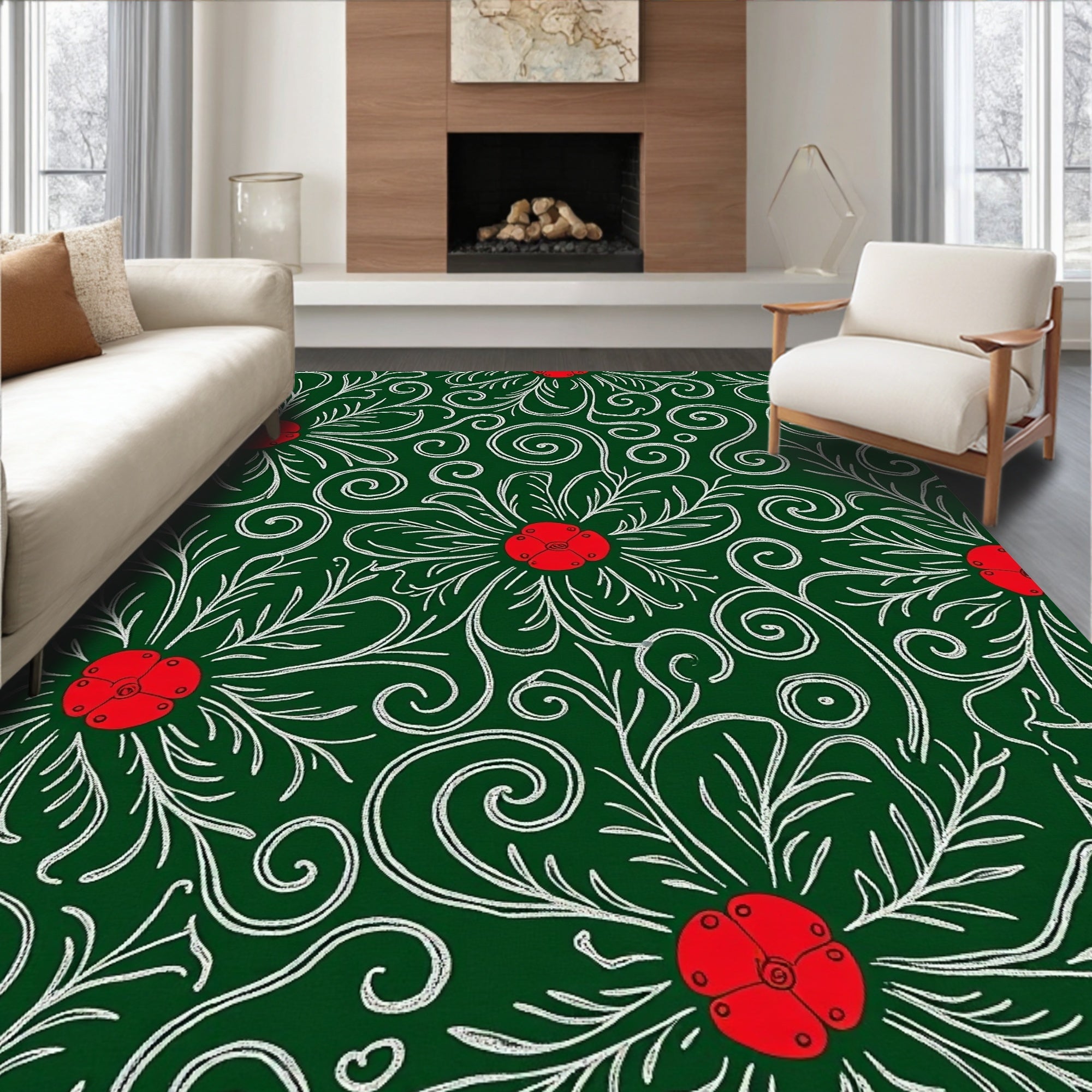 Crimson Floral Swirls Emerald Rug