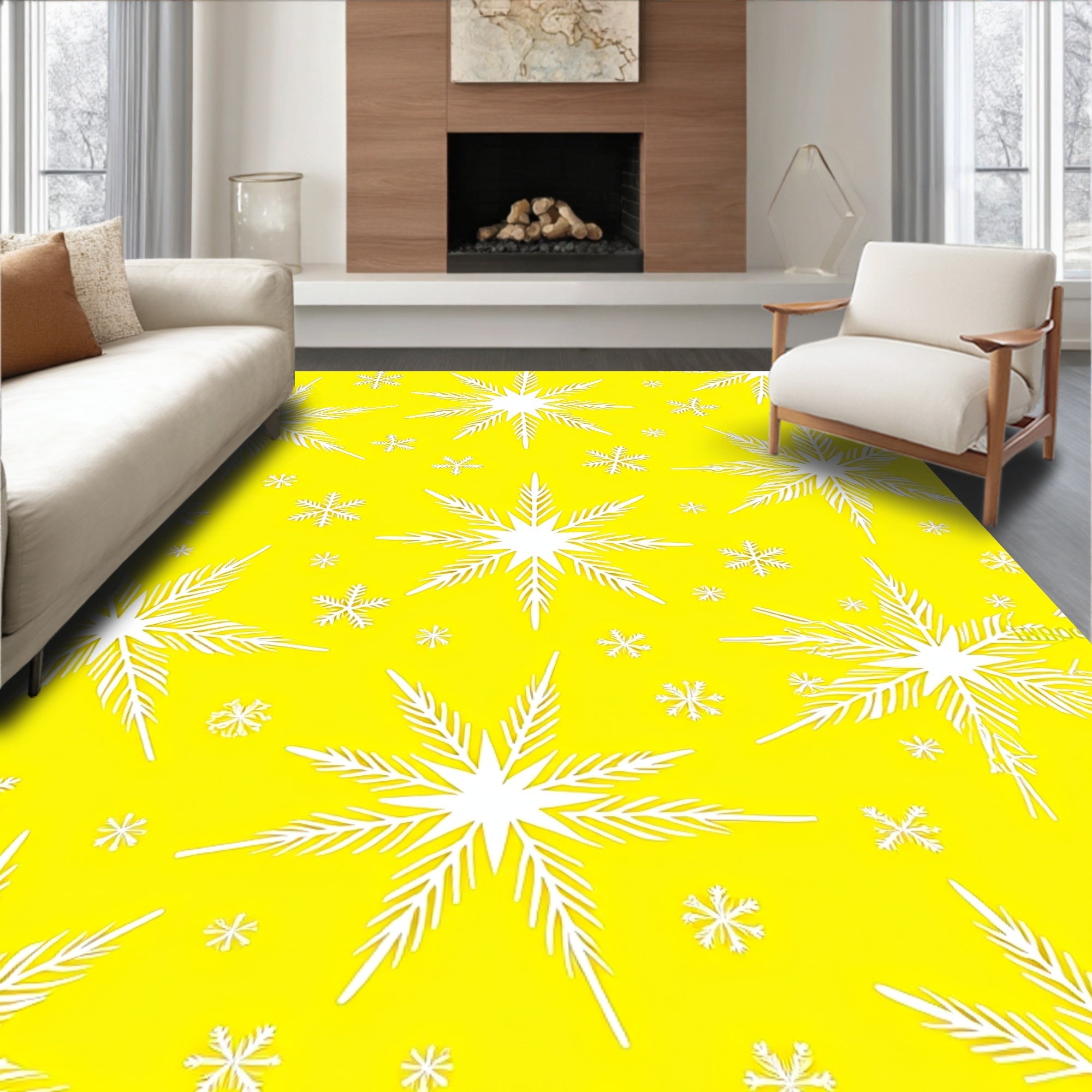 Bright Yellow White Snowflake Cascade Rug