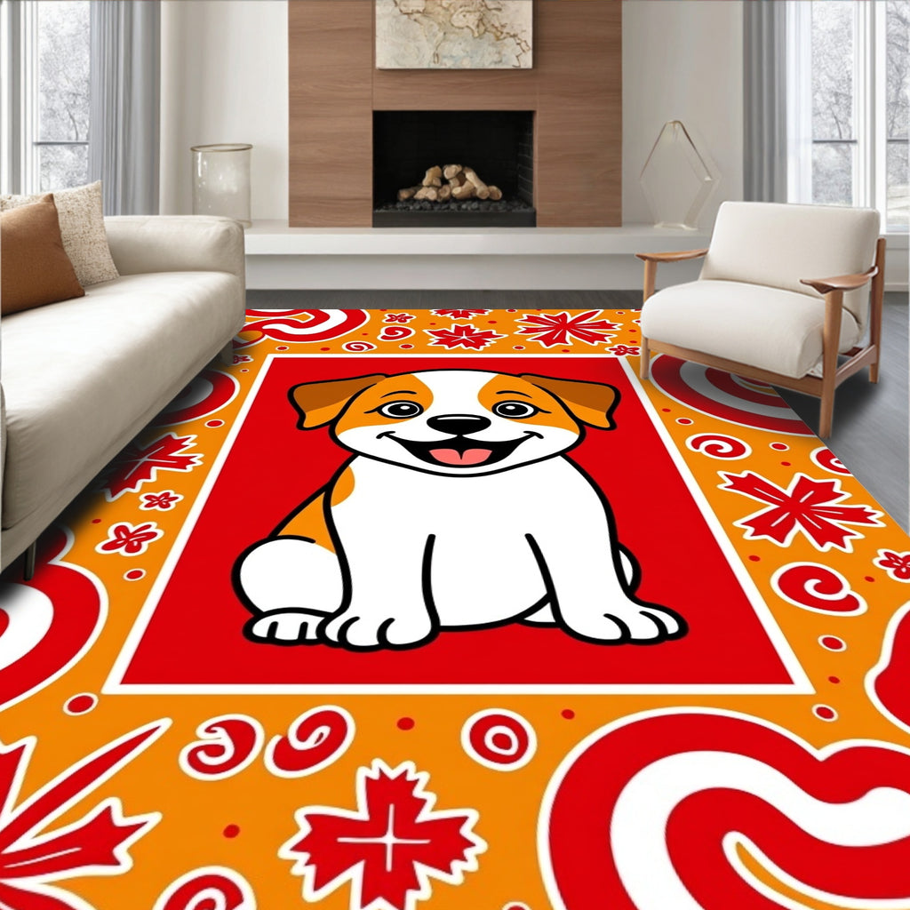 Joyful Puppy With Red Orange Border Rug