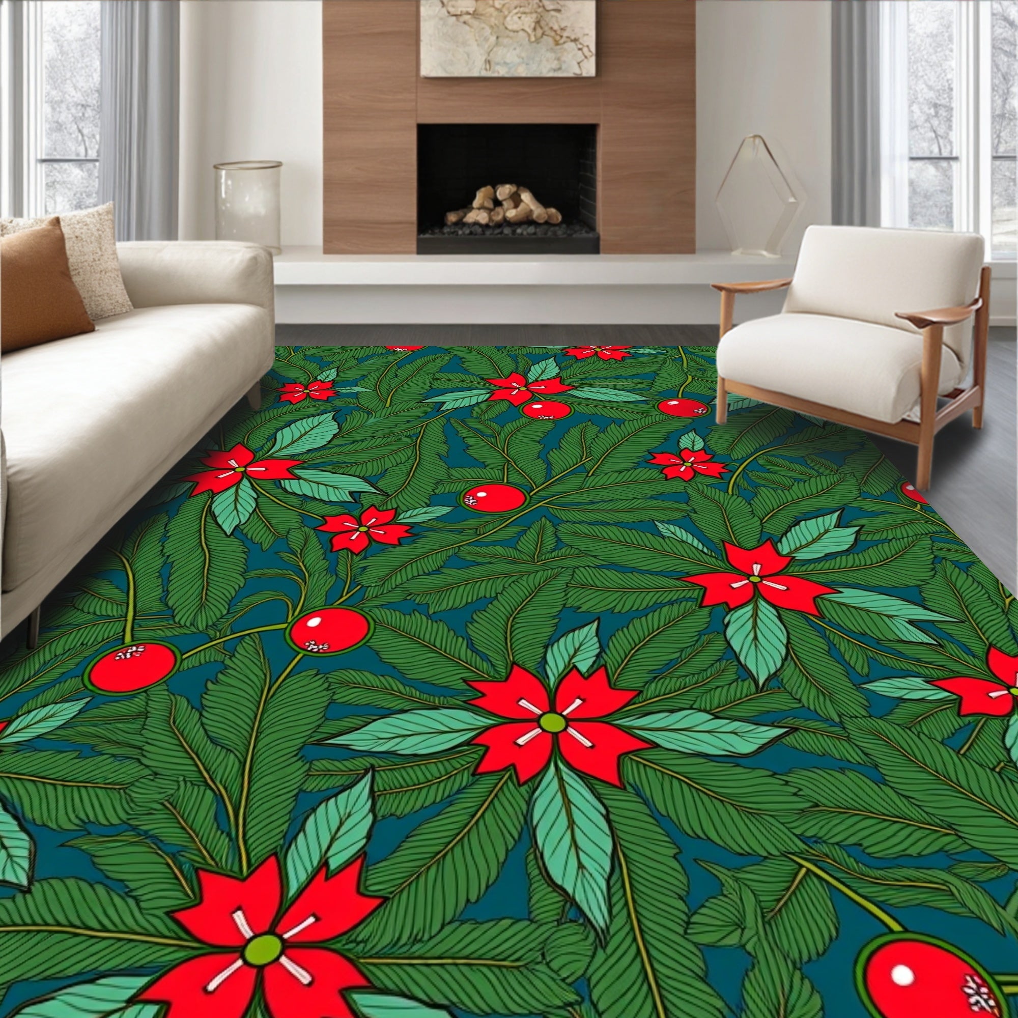 Festive Red Poinsettia Greenery Rug