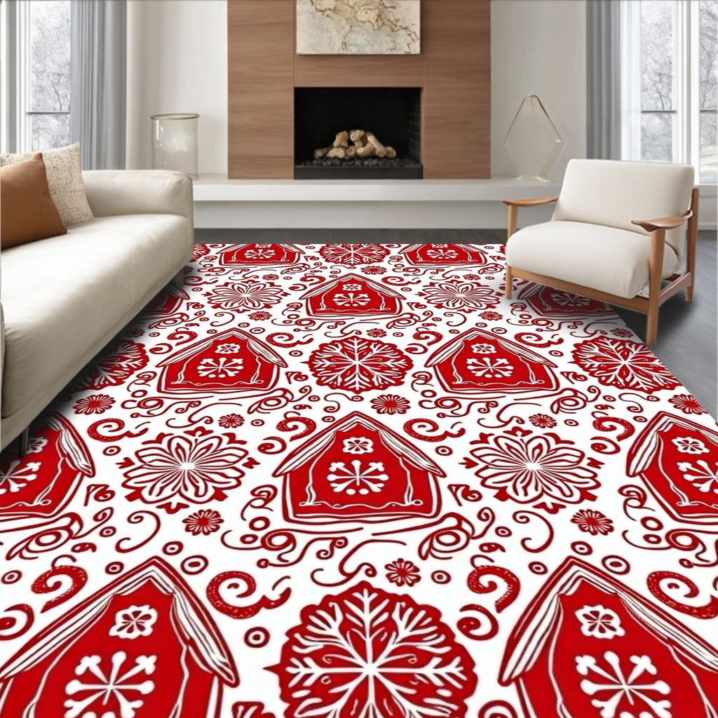 Red Gingerbread Houses Snowflake Garland Rug