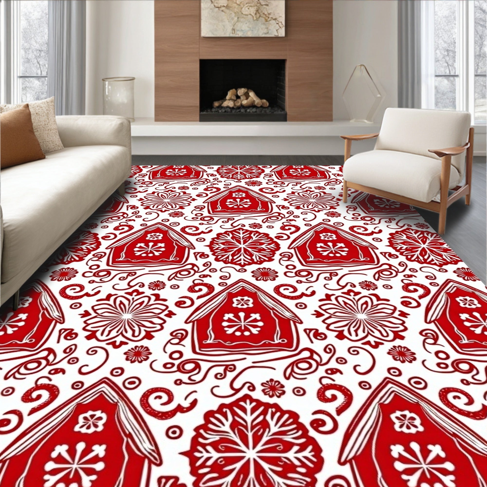 Red Gingerbread Houses Snowflake Garland Rug