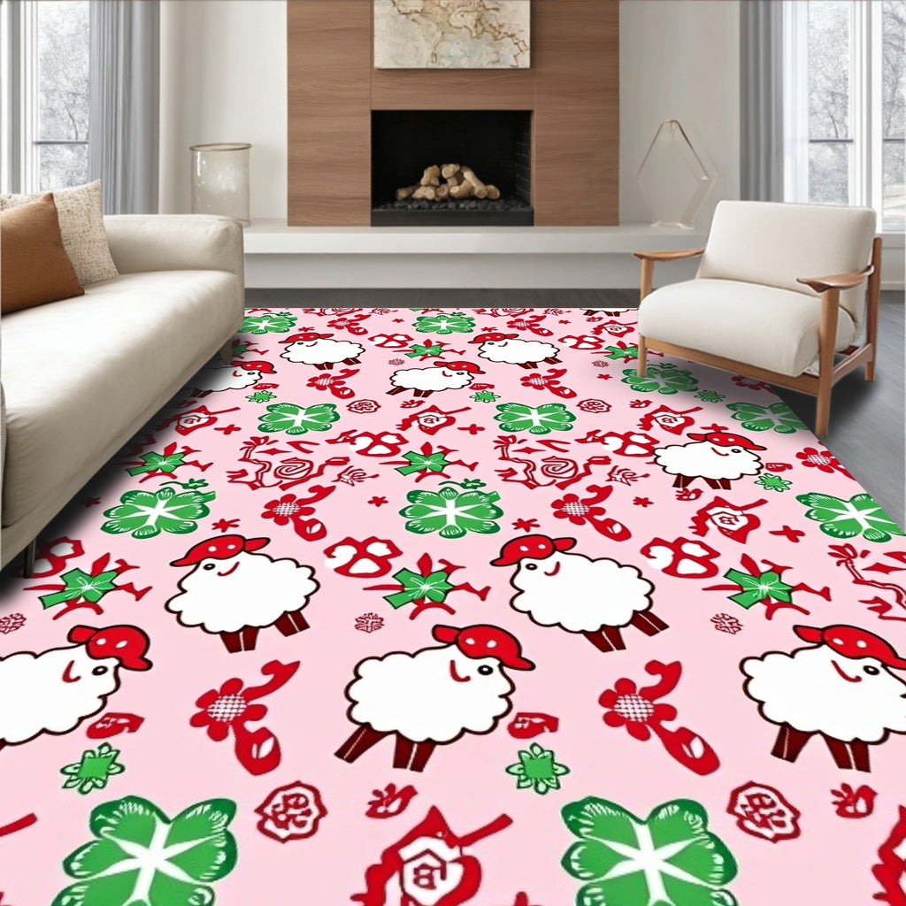 Pink White Sheep Clover Red Accents Rug