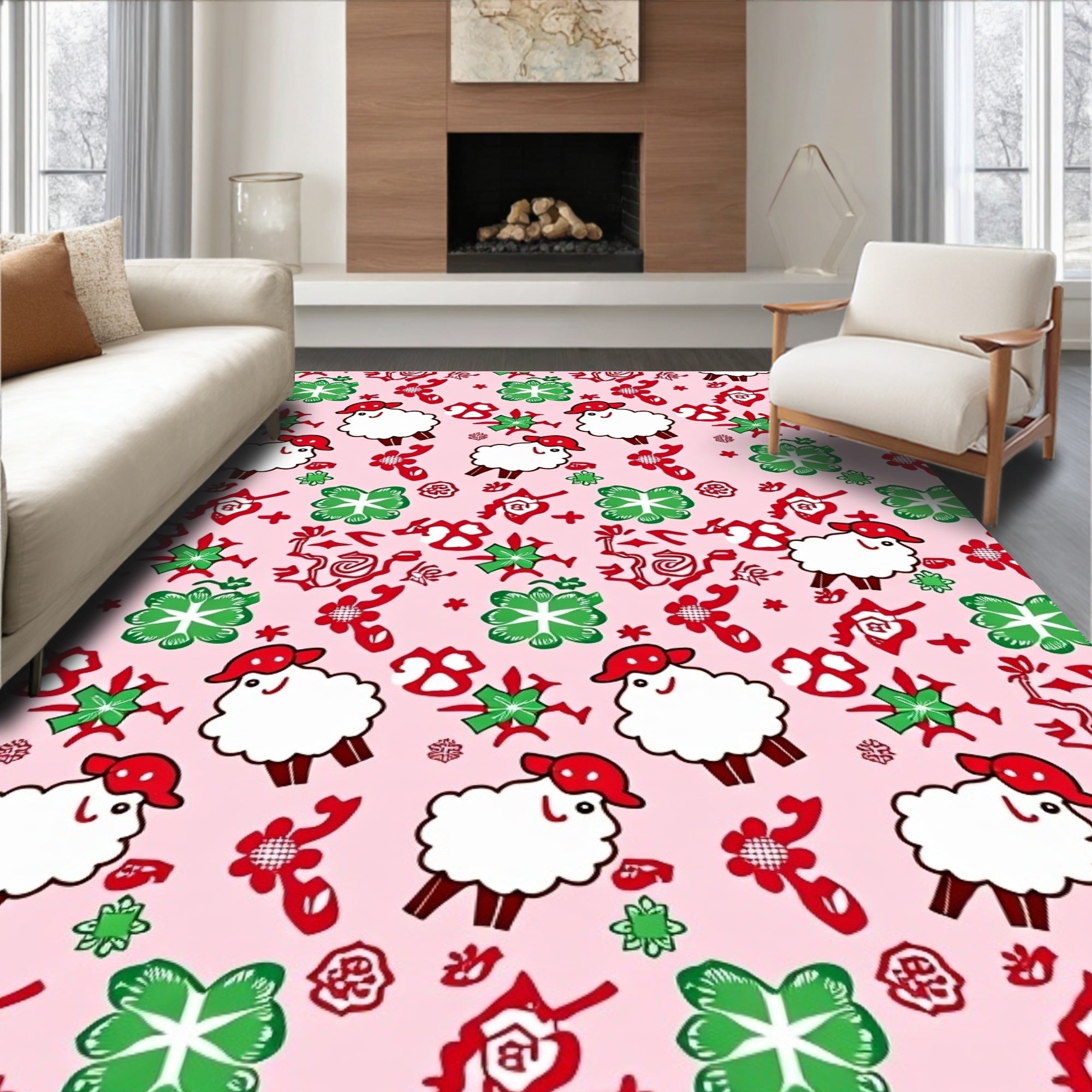 Pink White Sheep Clover Red Accents Rug