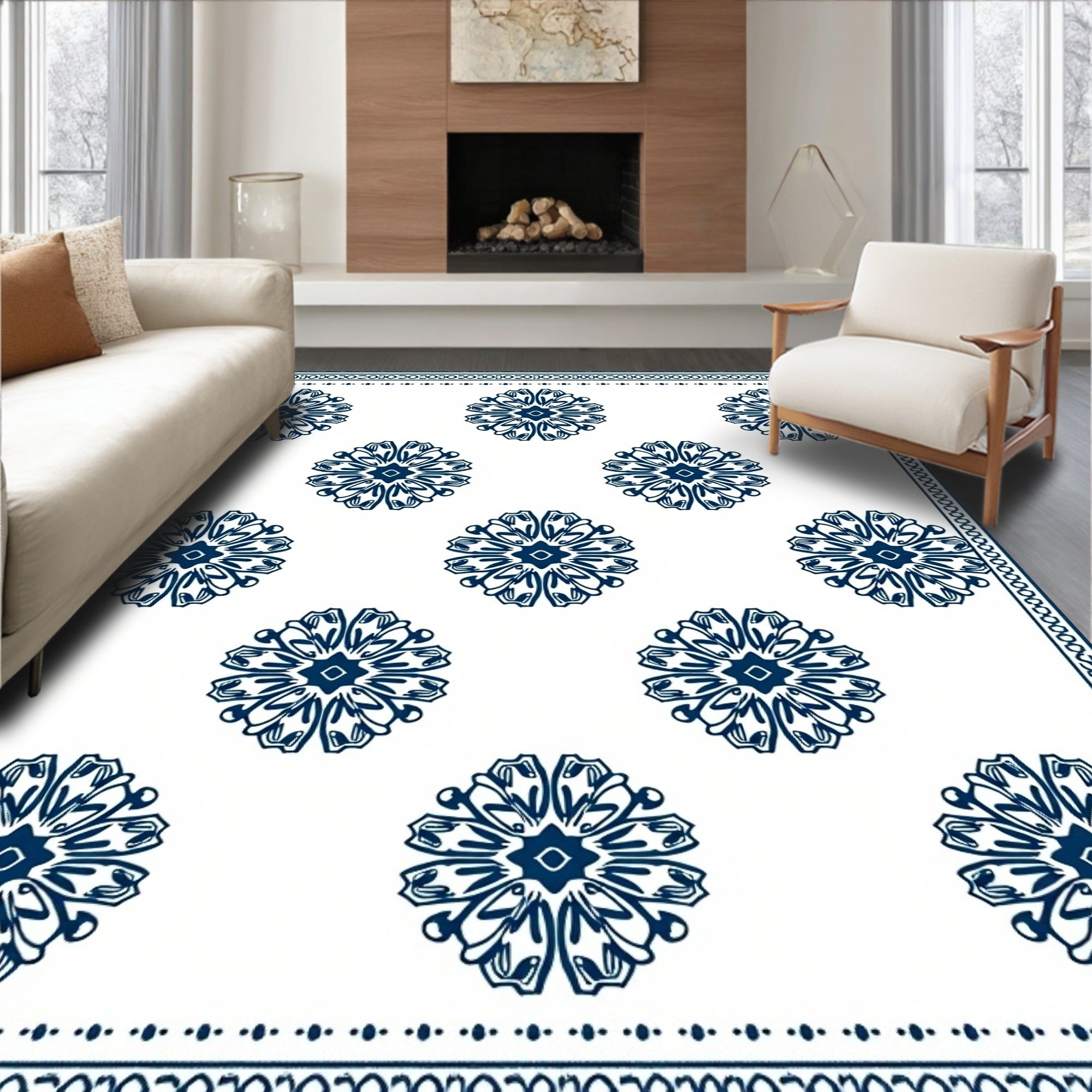 Deep Blue Floral Medallion Border Rug