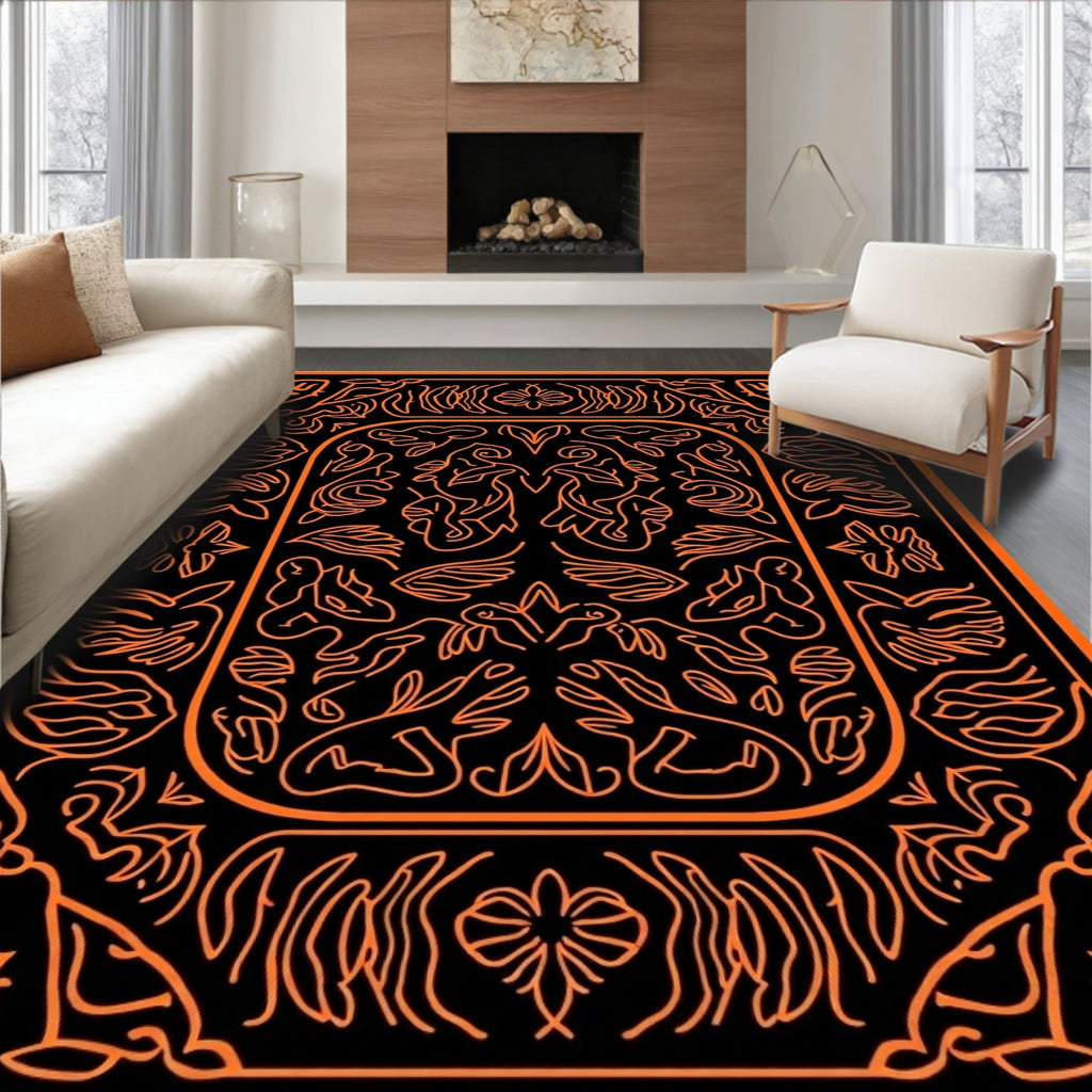 Bold Orange Organic Scrollwork Medallion Rug