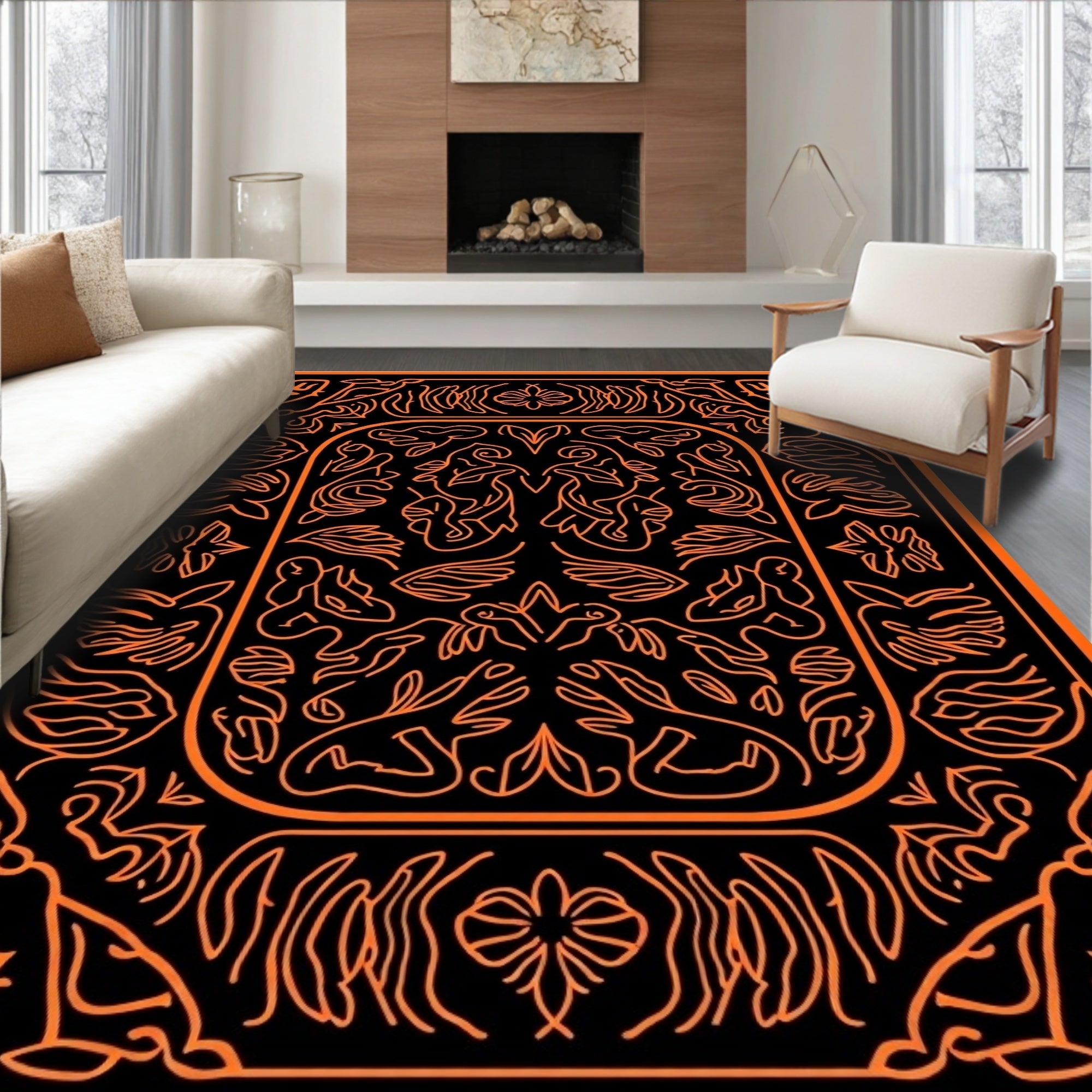 Bold Orange Organic Scrollwork Medallion Rug