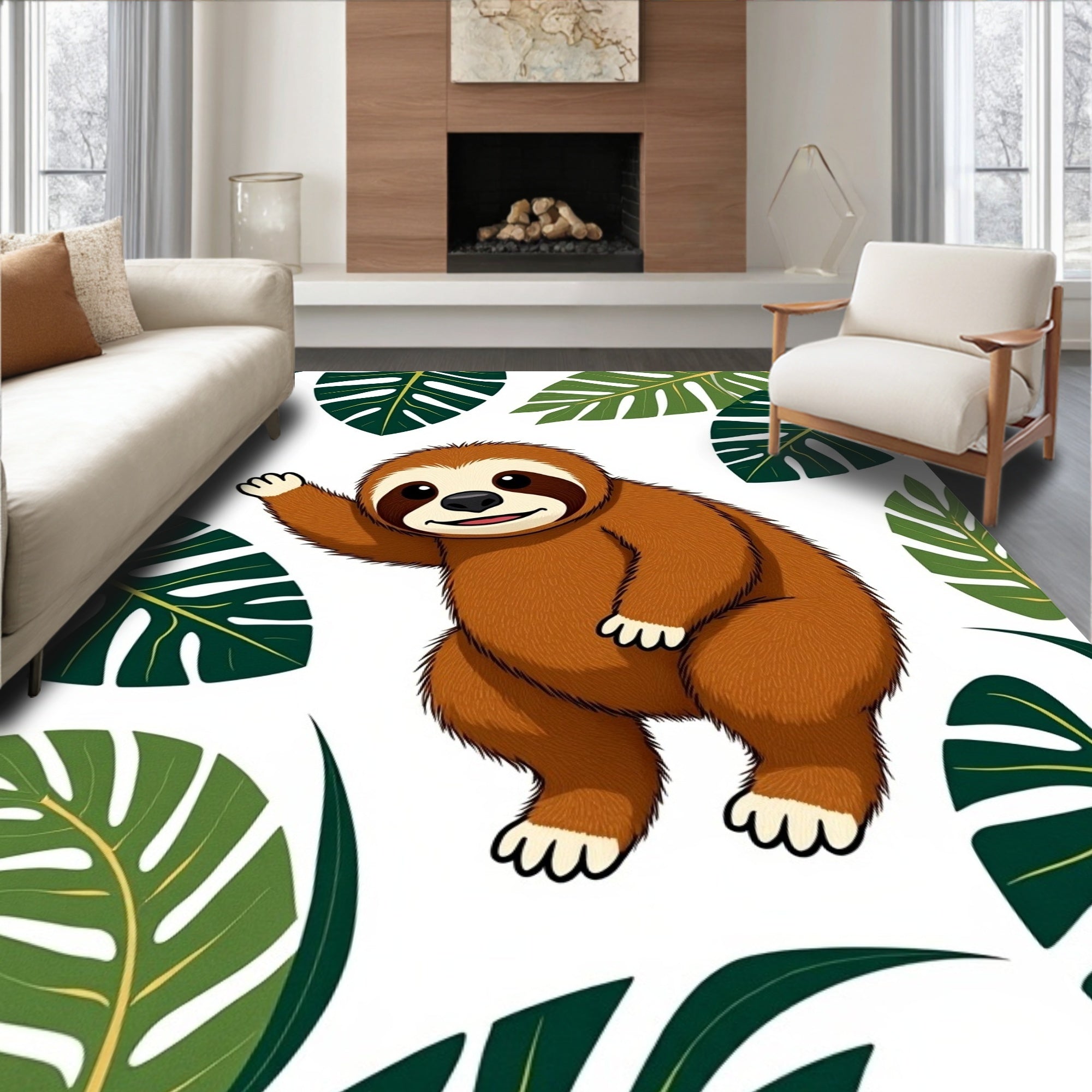 Cute Sloth Tropical Leaf Whimsy Rug
