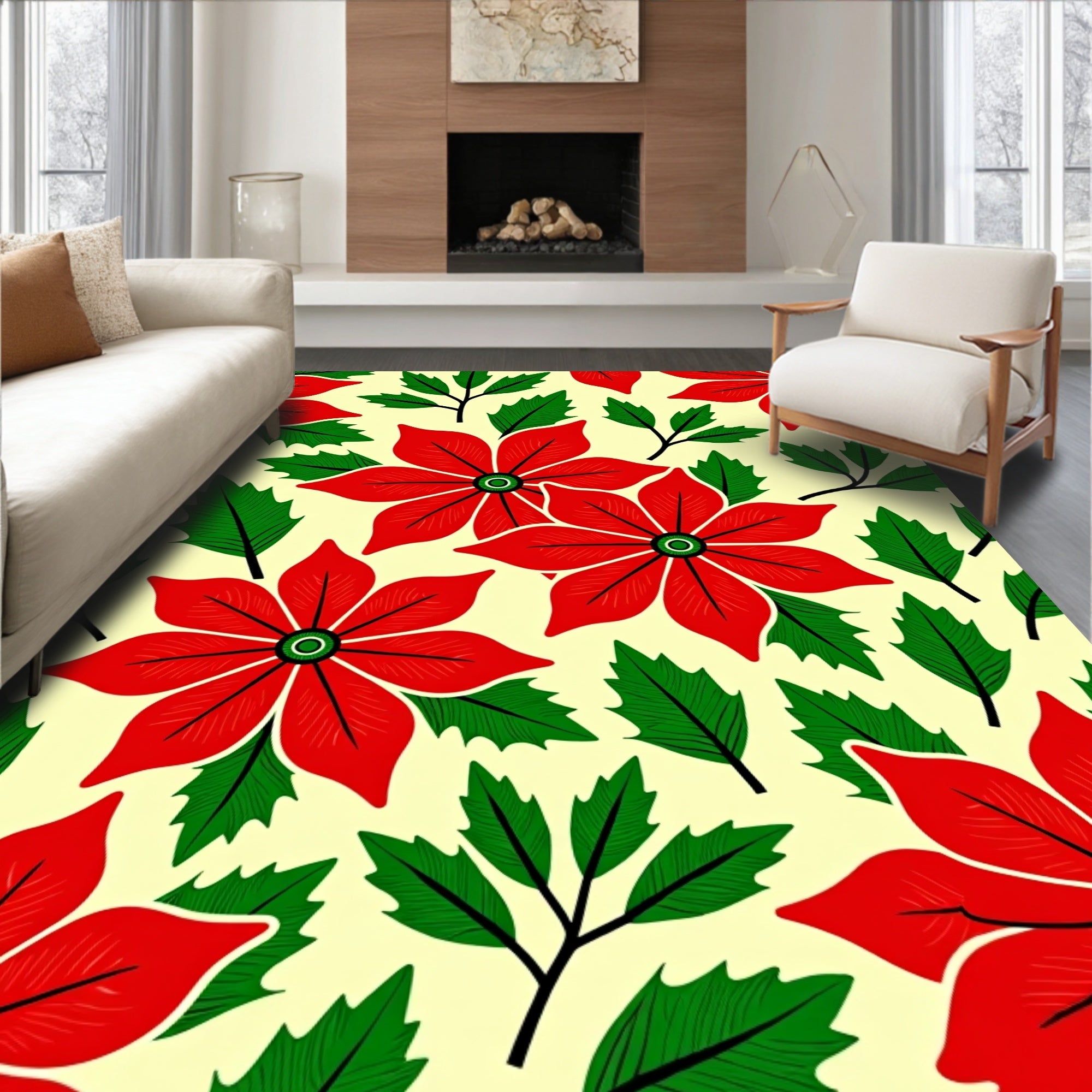 Bold Red Poinsettia Floral Foliage Rug