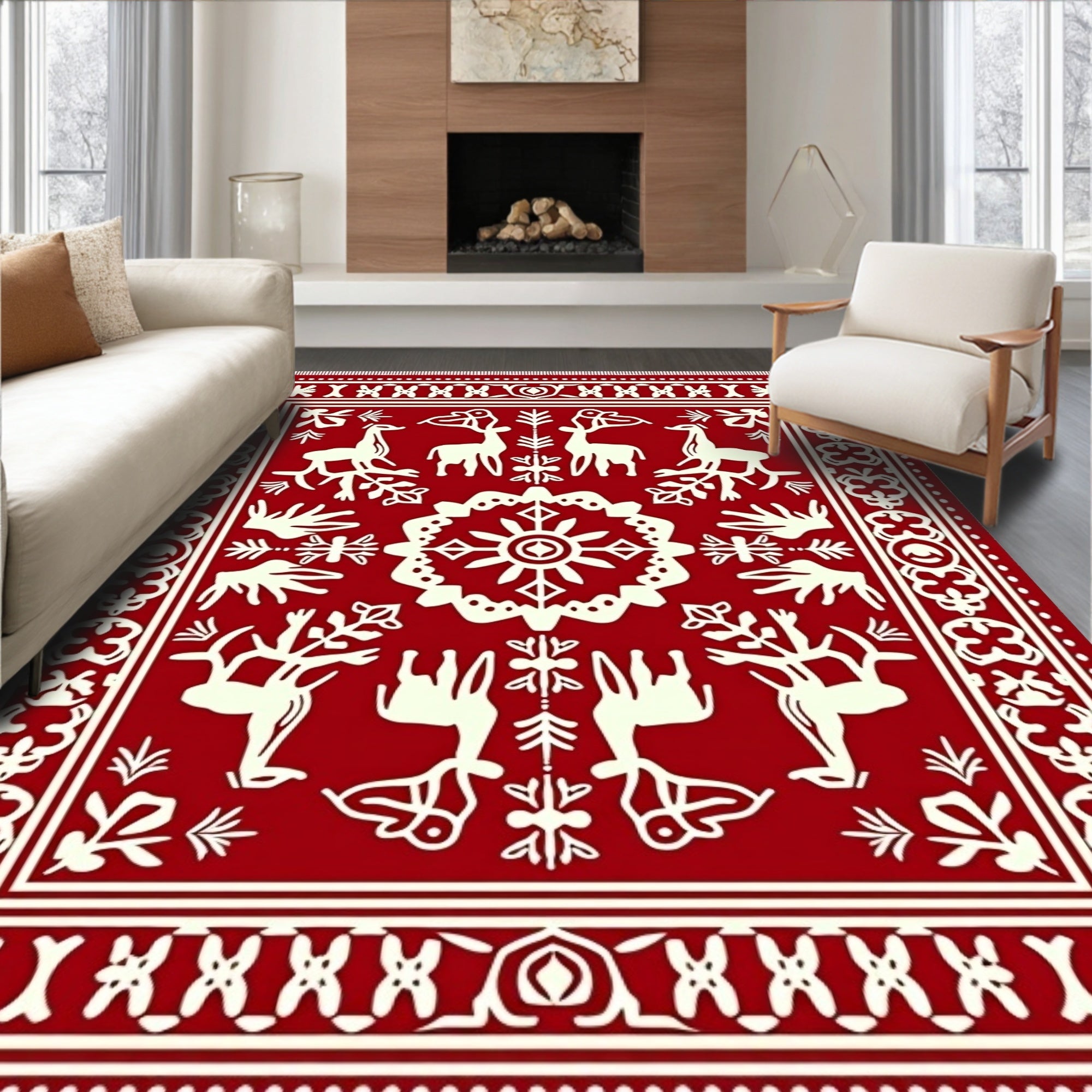 Rustic Red Deer Folk Art Rug