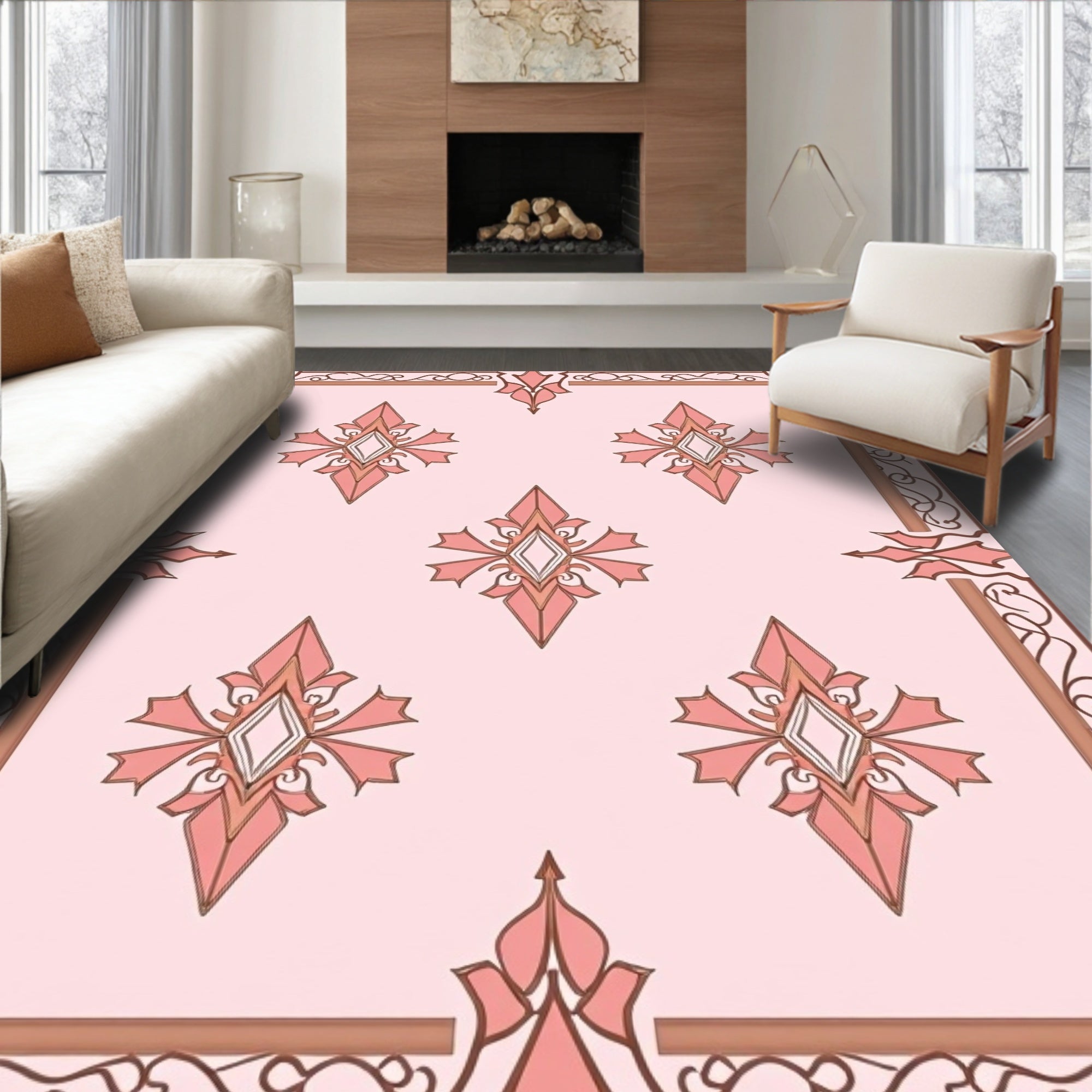 Terracotta Pink Floral Diamond Border Rug