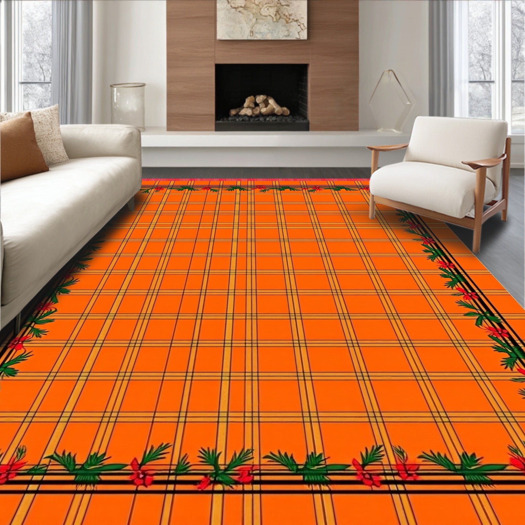 Orange Plaid Floral Border Rug
