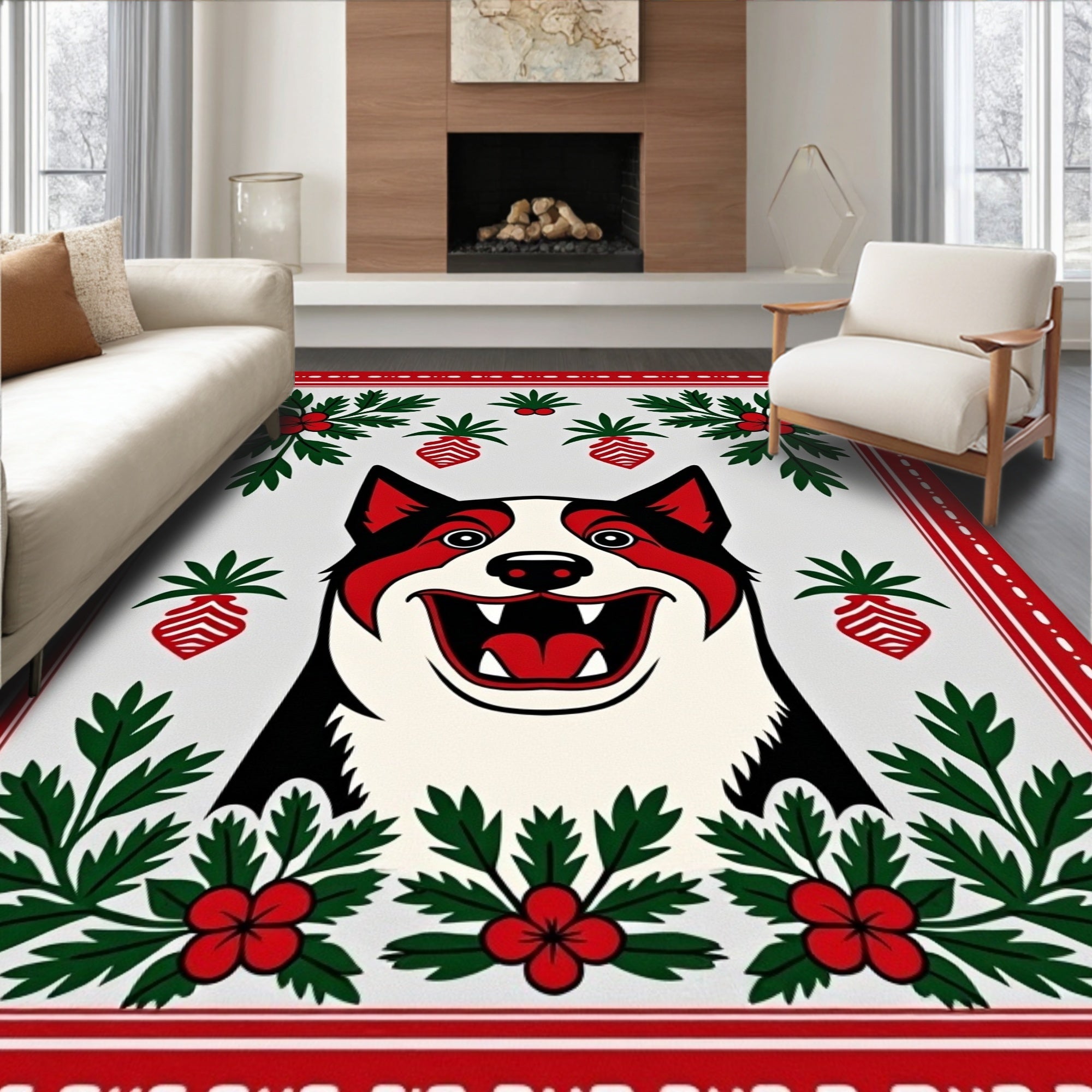 Happy Red Dog Whimsical Holly Sprigs Rug