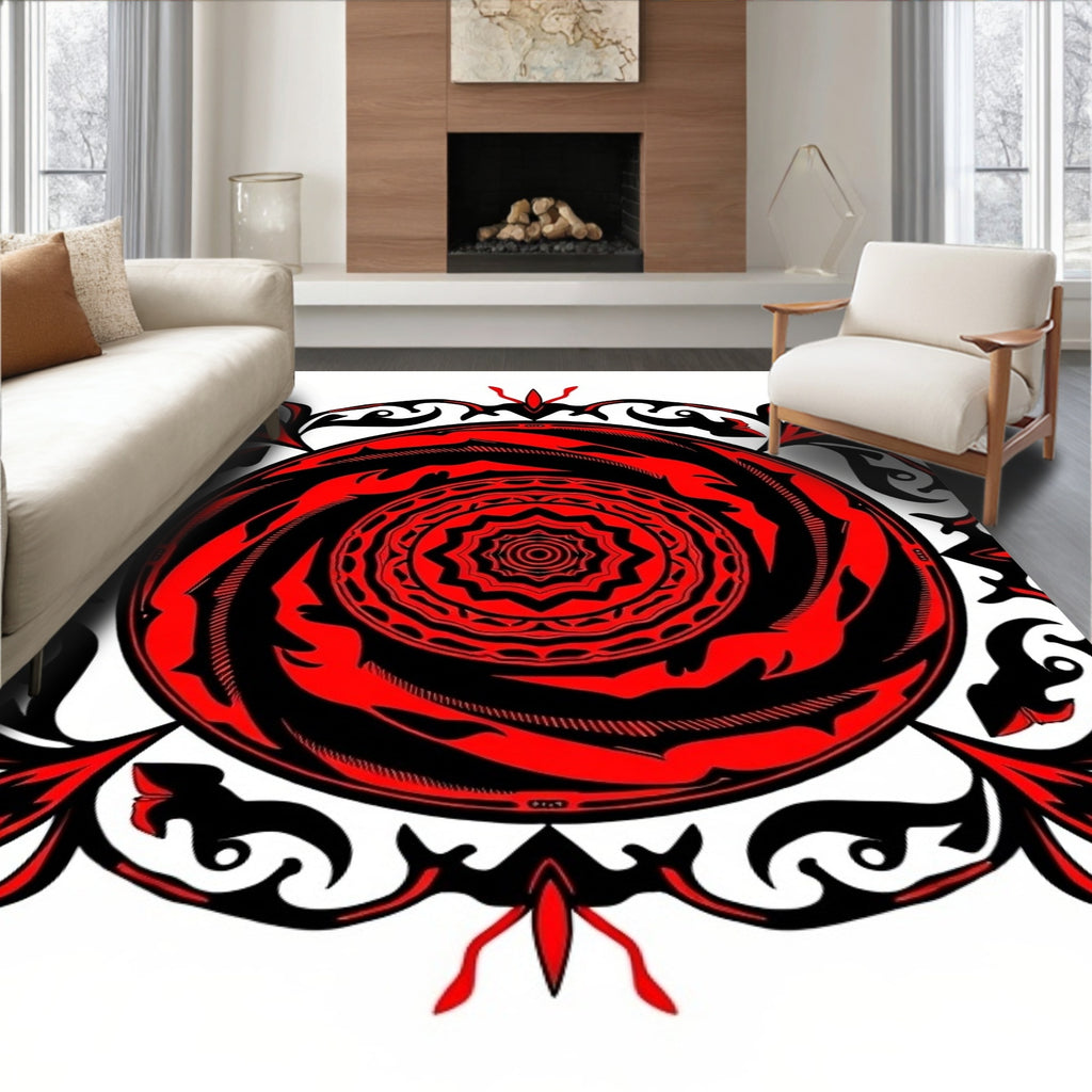 Bold Crimson Swirl Mandala Floral Rug