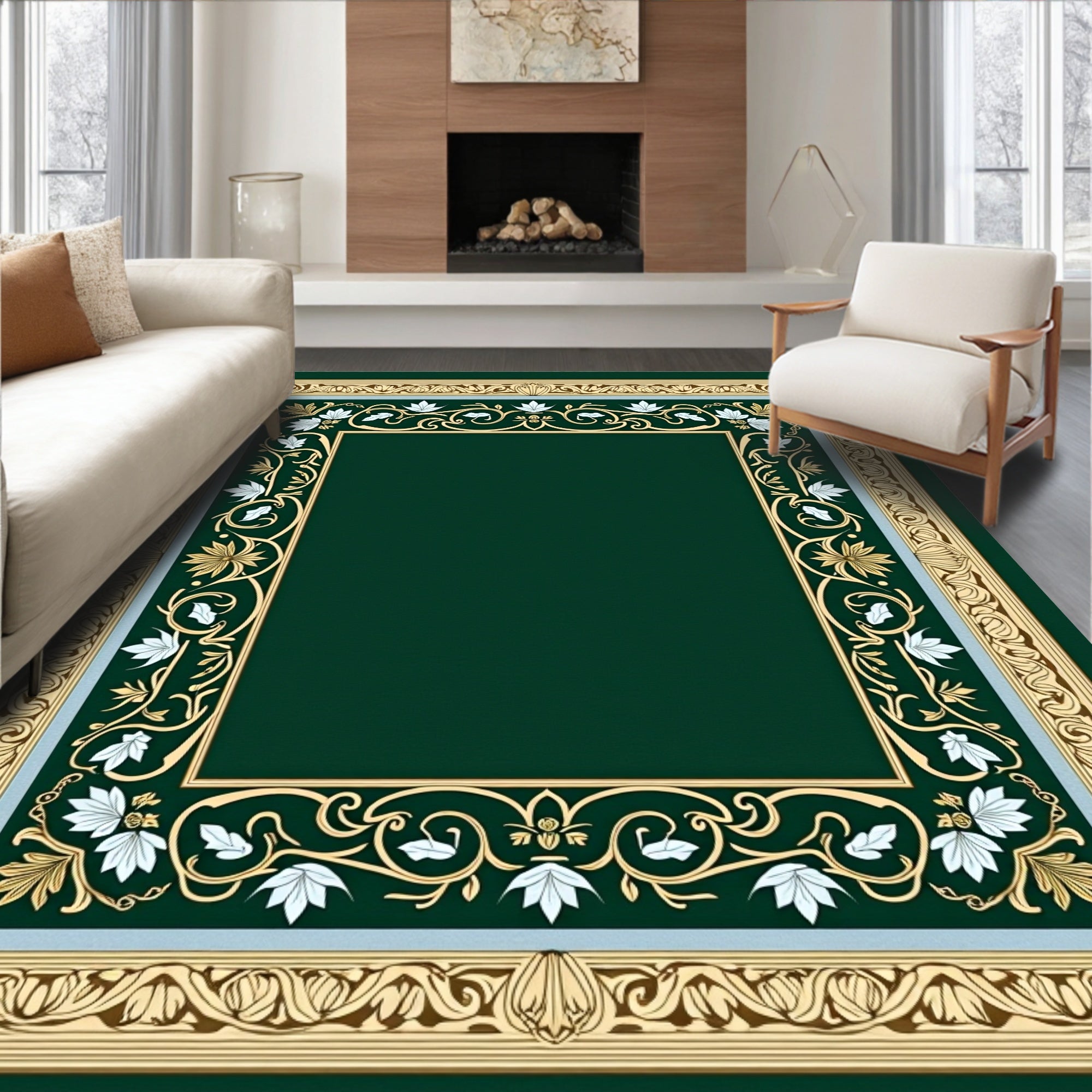 Emerald Green Floral Scroll Border Rug