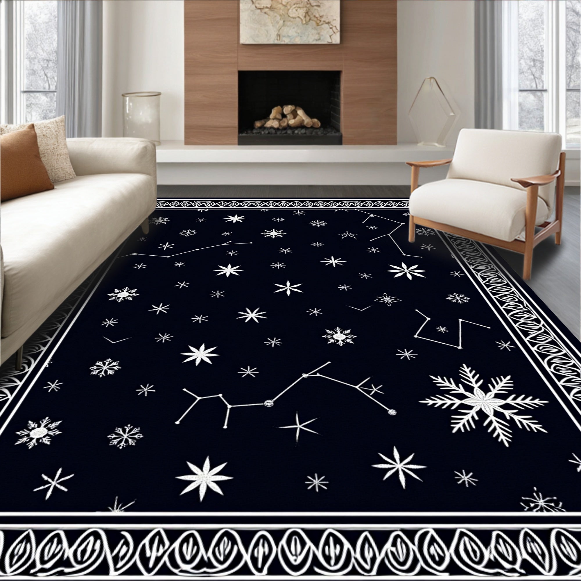 Midnight Celestial Snowflake Constellations Rug