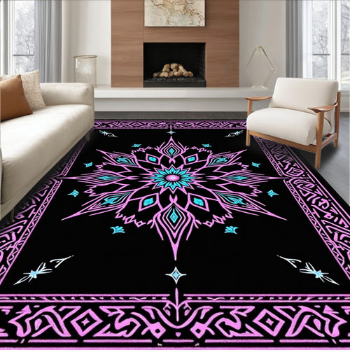 Black Pink Teal Floral Medallion Rug