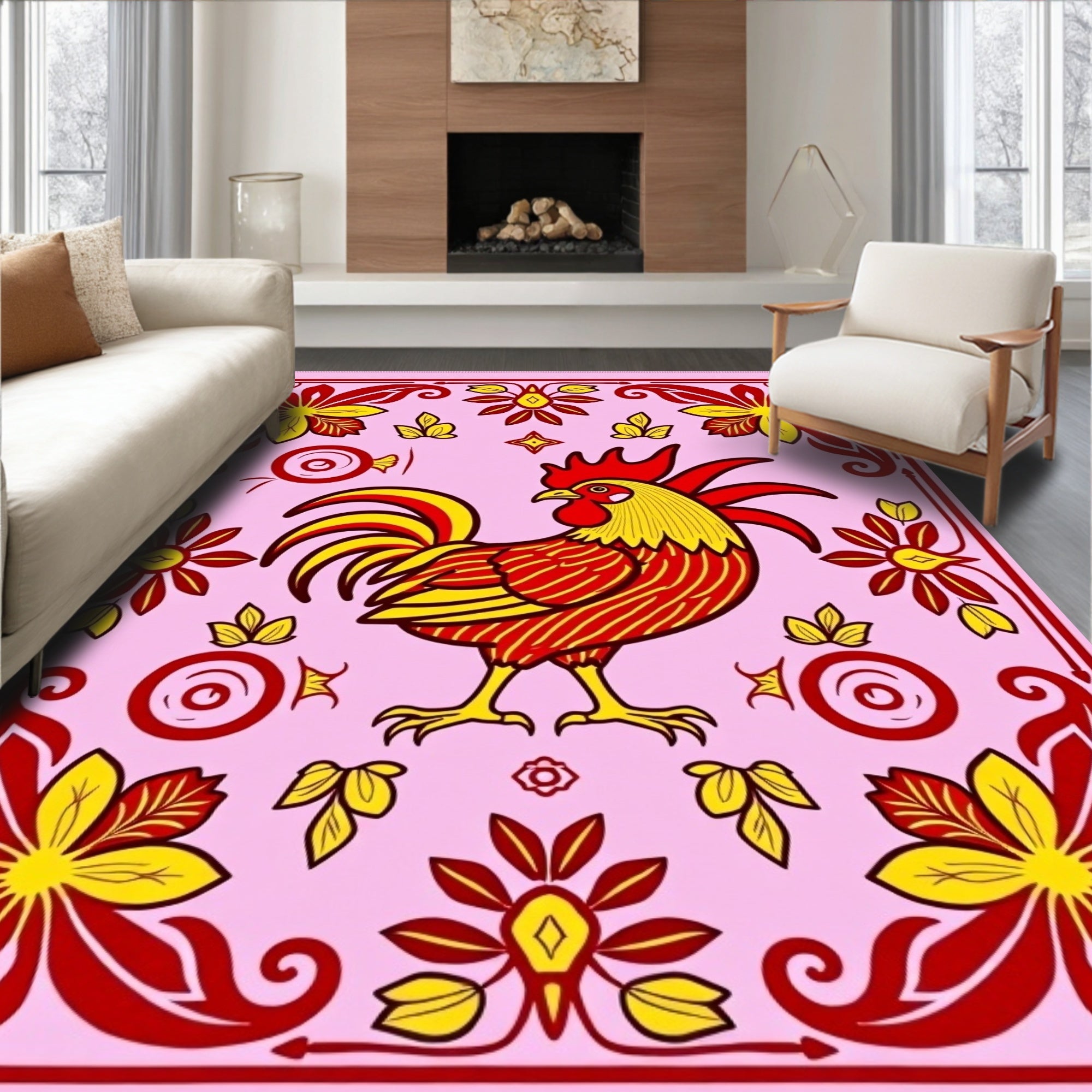 Folk Rooster Red Yellow Floral Border Rug