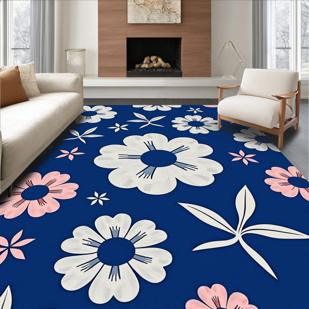 Indigo Blue Floral Petal Collage Rug